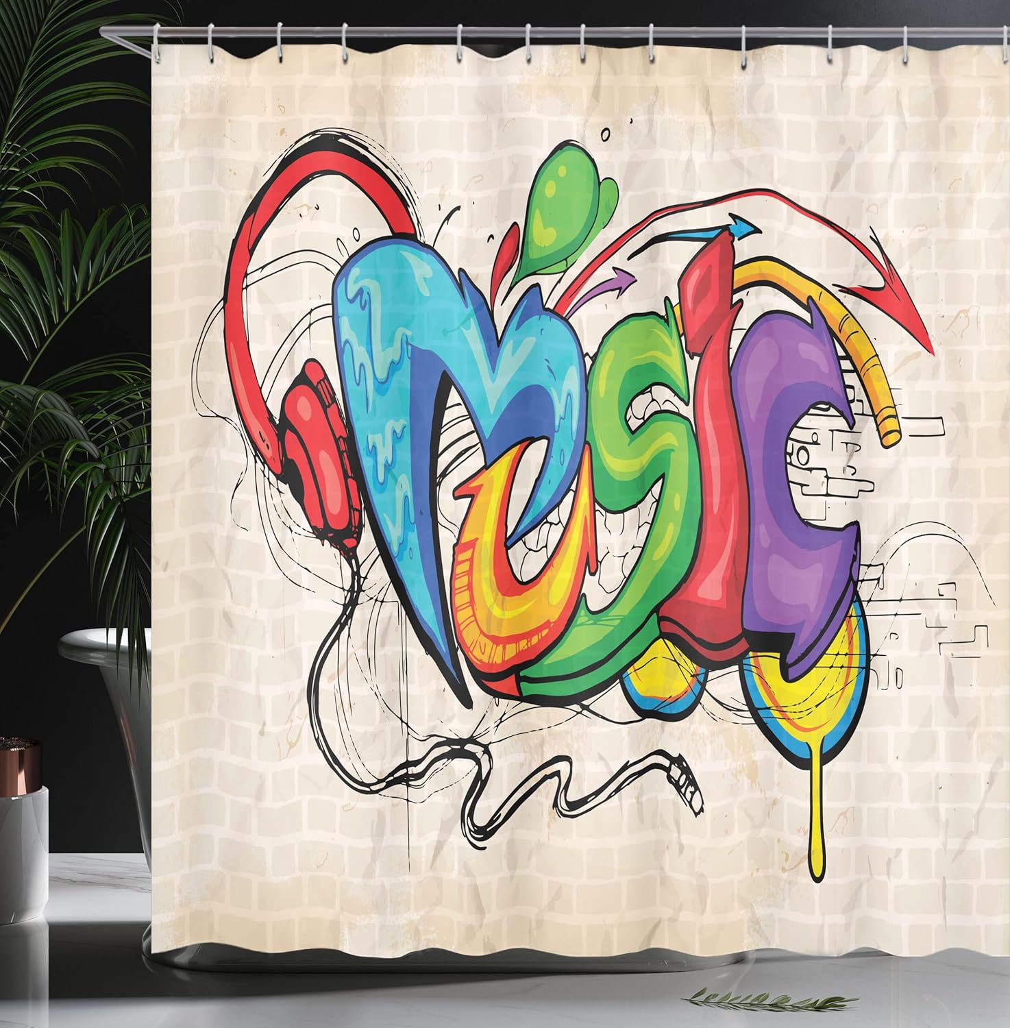 Ambesonne Music Shower Curtain, Illustration of Graffiti Style Lettering Headphones Hip Hop Theme on Beige Bricks, Cloth Fabric Bathroom Decor Set with Hooks, 69" W x 75" L, Eggshell Sky Blue Purple