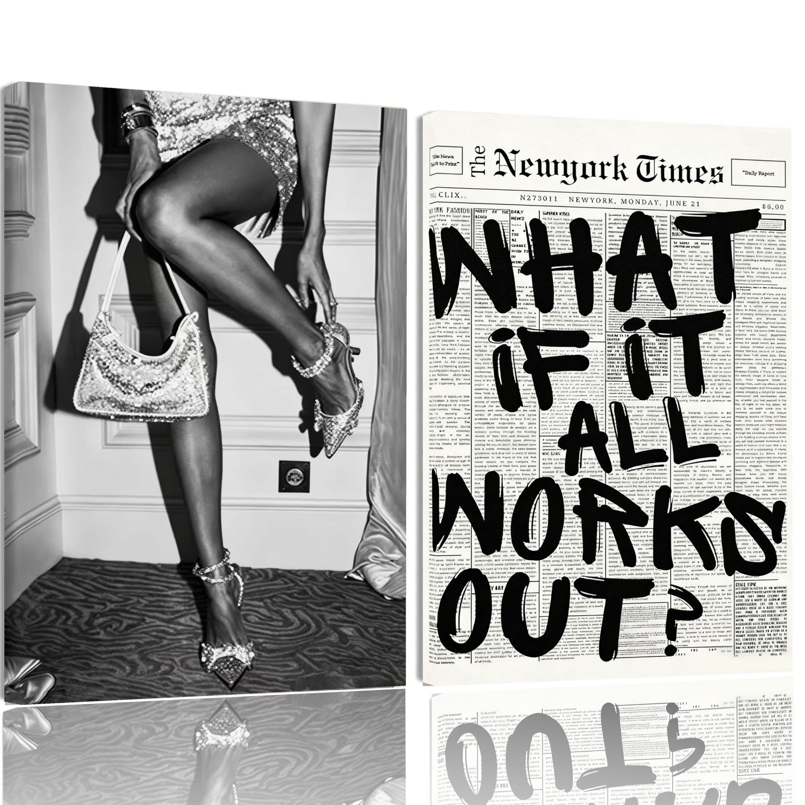 Bonbeau 2Pcs Retro Black And White Newspaper Poster What If It All Works Out Canvas Wall Art Positive Affirming Quote Minimalist Prints Painting For Home Bedroom Dorm Wall Decor 9X11inch Framed