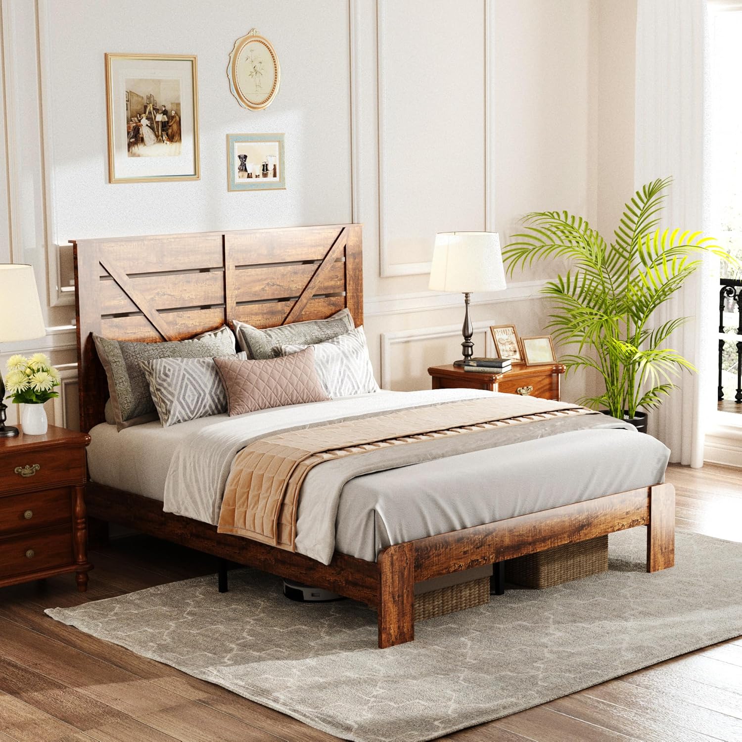 SAMTRA Queen Bed Frame with Wood Headboard and Wood