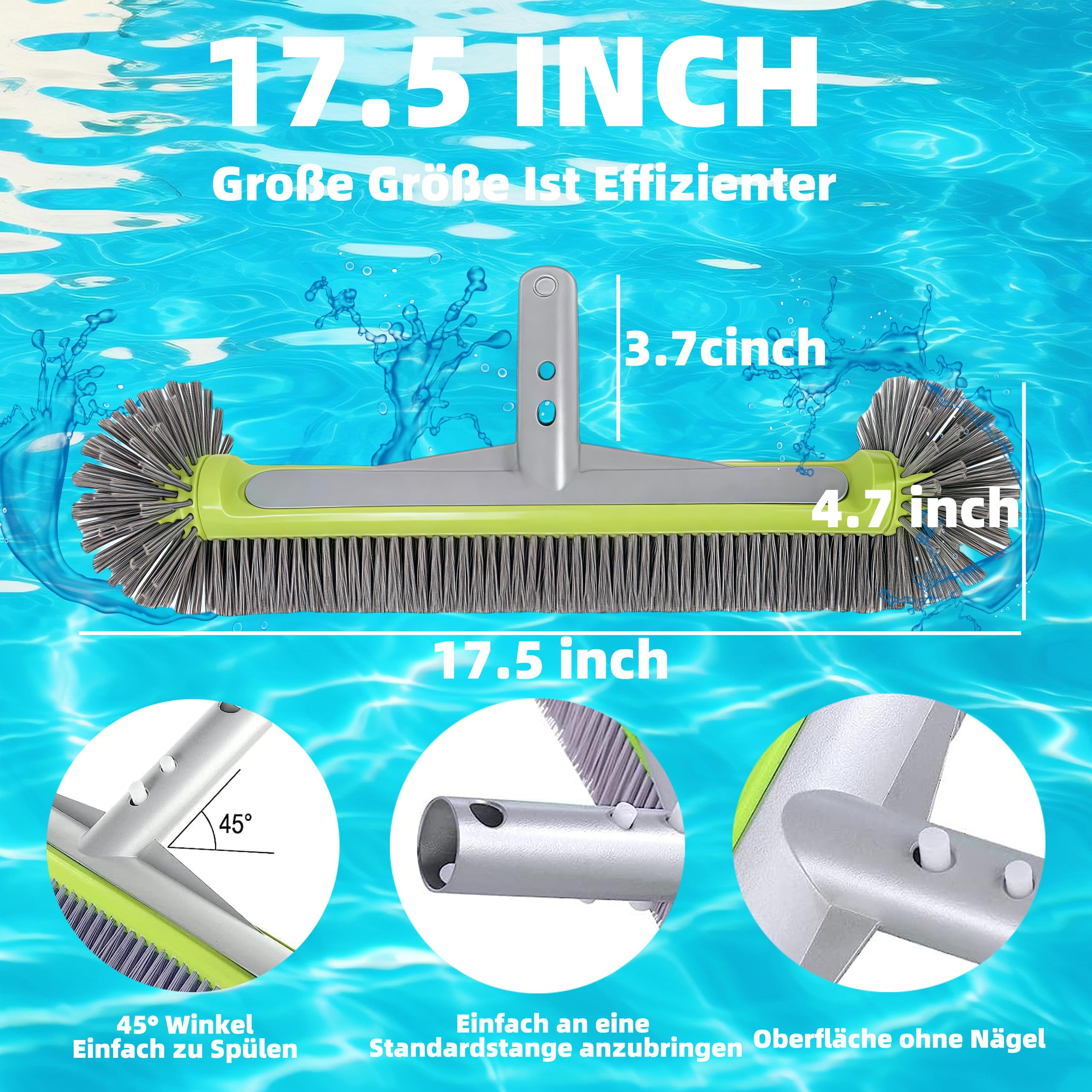 Poolbürste für Folienpool 17,5″, 45cm Pool Bürste, Poolbesen, Poolbürste für Folienpool, Poolbürsten,Pool Reinigungsbürste für Schwimmbad Bürste Pool, EZ Clip Aluminiumgriff, Nicht mit Teleskopstange