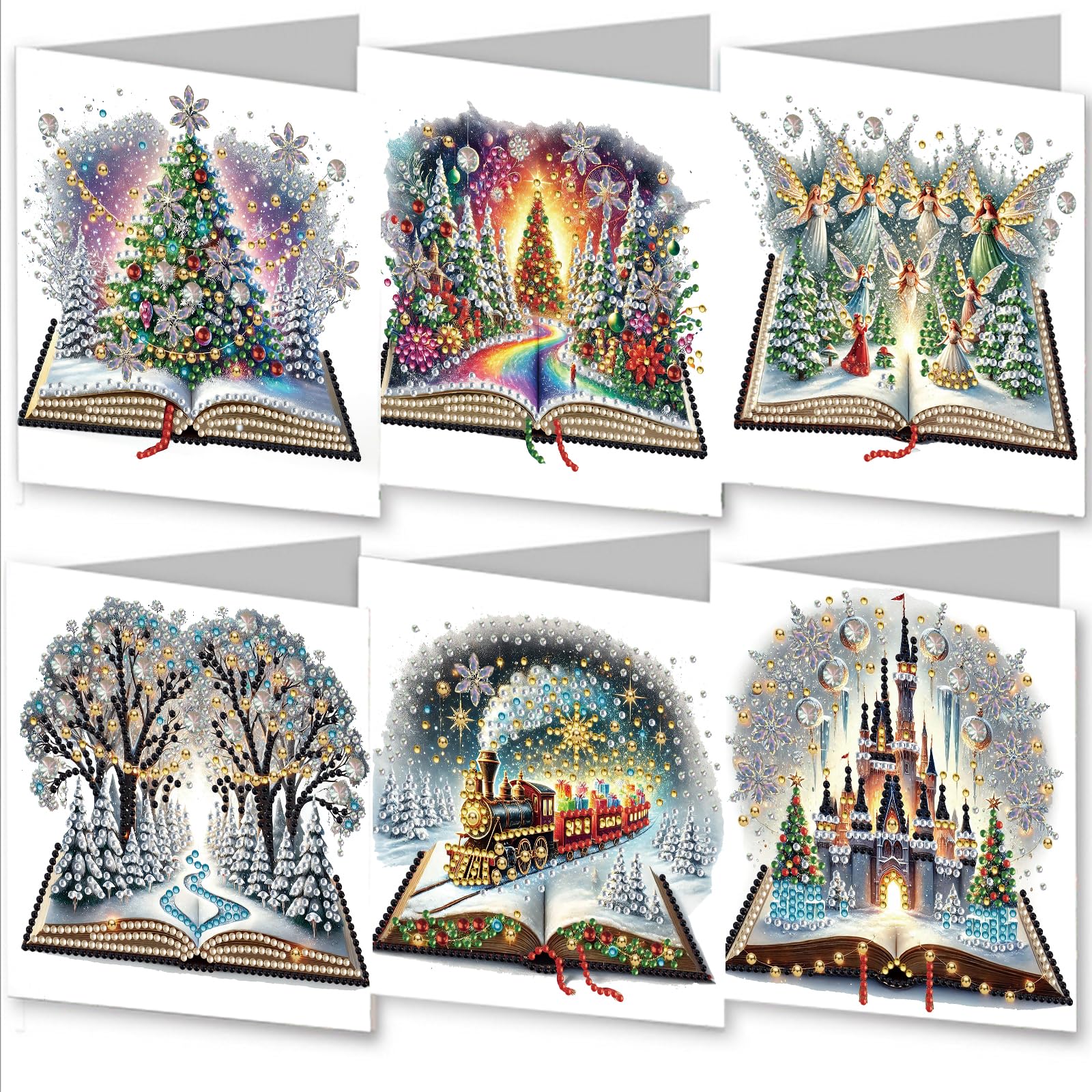 Gofission 6 Pack Diamond Painting Christmas Greeting Cards Kits 5.9x11.81 inch, DIY 5D Diamond Art Special Shaped Drill Crystal Postcards for Family Friends Handmade Gift (Winter)