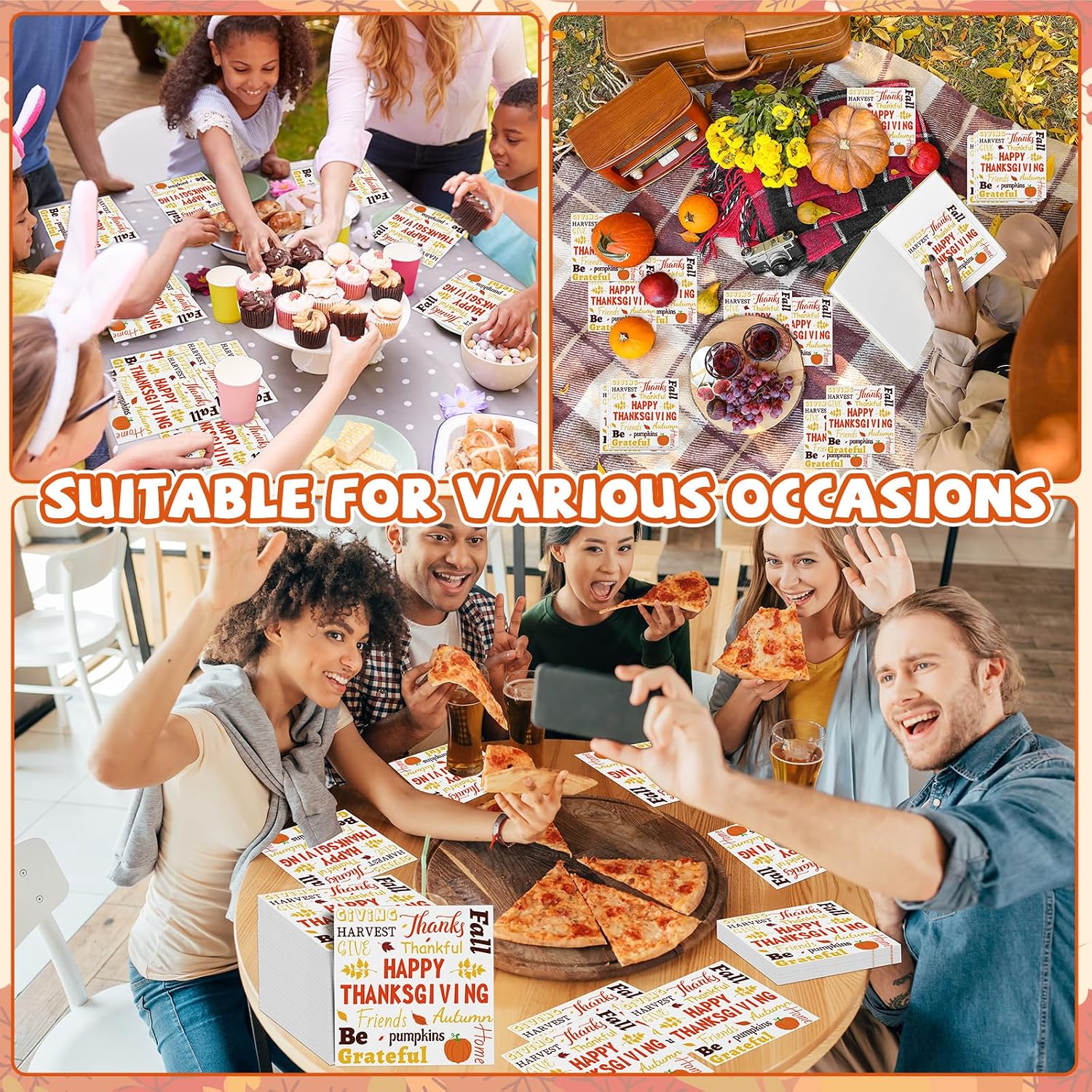 100pcs Happy Thanksgiving Fall Paper Napkins 3 Ply Autumn Disposable Paper Pack Fall Harvest Paper Luncheon Dinner Hand Napkins Fall Leaves Pumpkin Beverage Disposable Napkins for Thanksgiving Party
