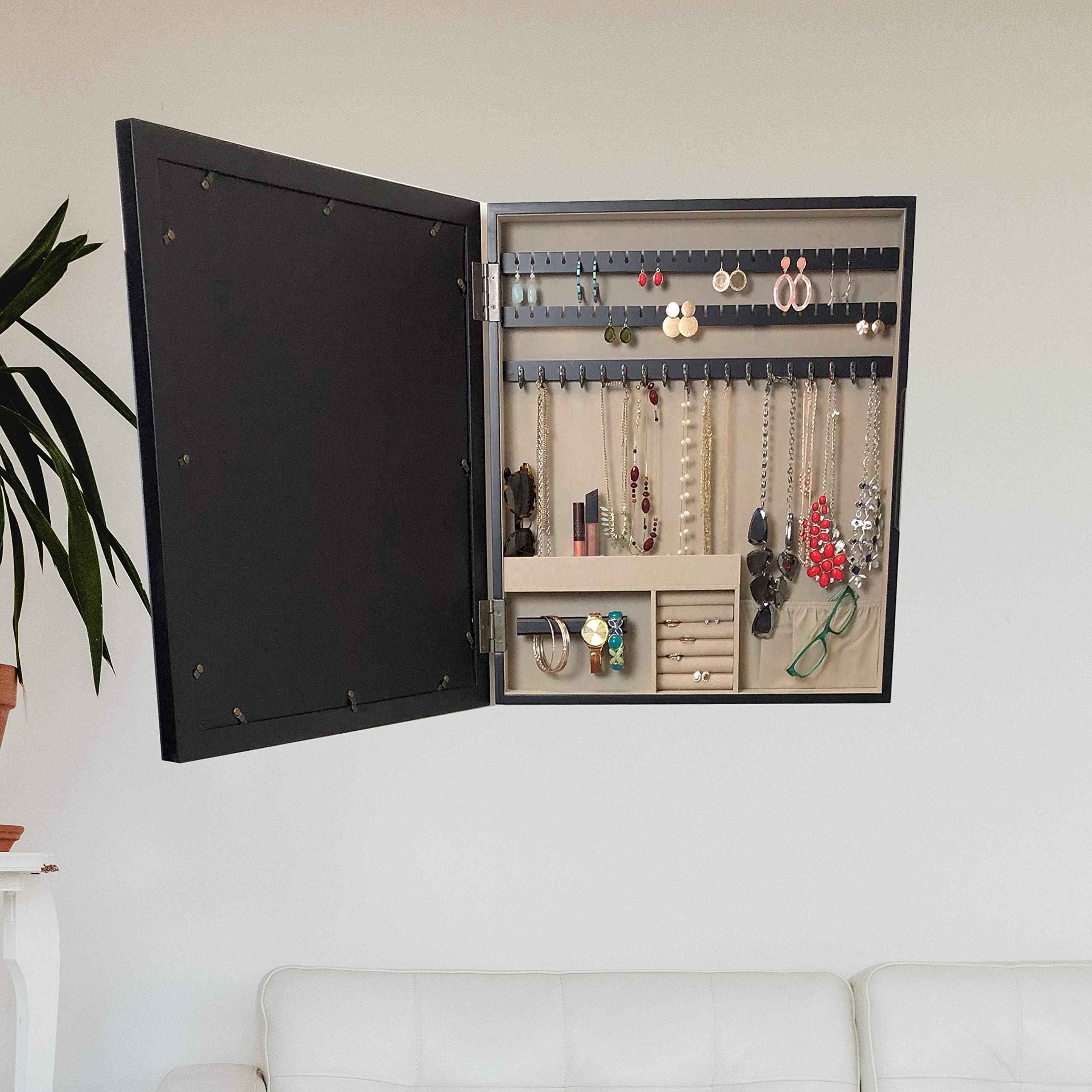 Hives and Honey Wall-Mounted Space Saving Storage Organizer Jewelry Cabinet Armoire with Picture Frame, black