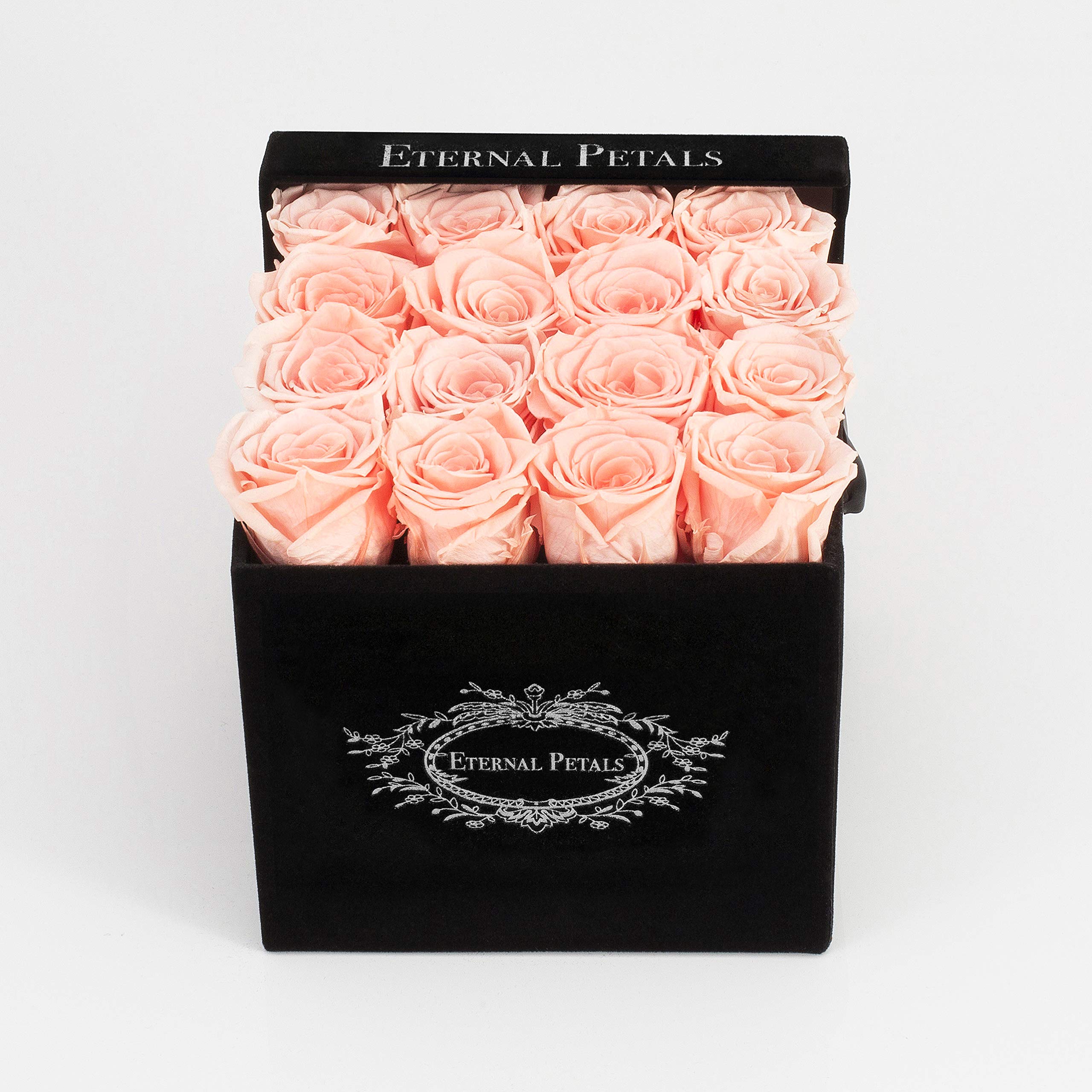 Real Roses That Last A Year – 16 Roses in a Black Flower Box (Delicious Peach)