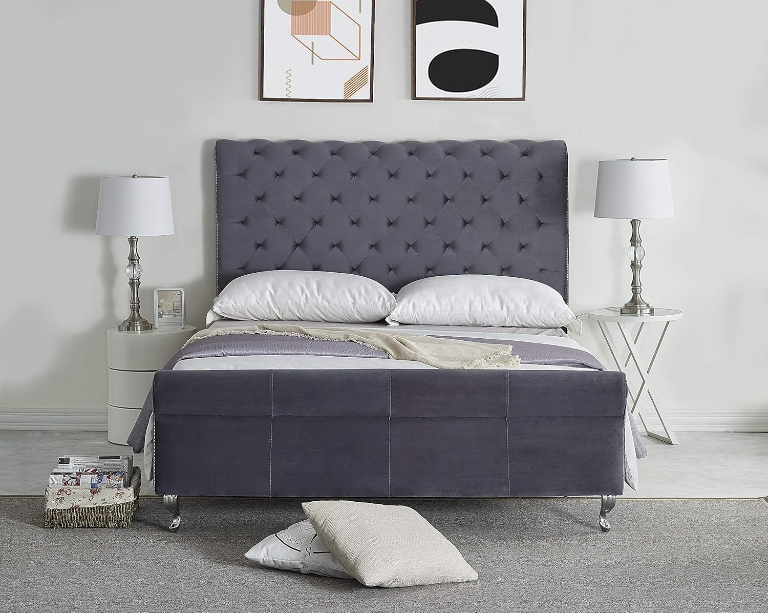 Container Furniture Direct Mid Century Modern Tufted Upholstered Bed, Queen Size, 63", Grey