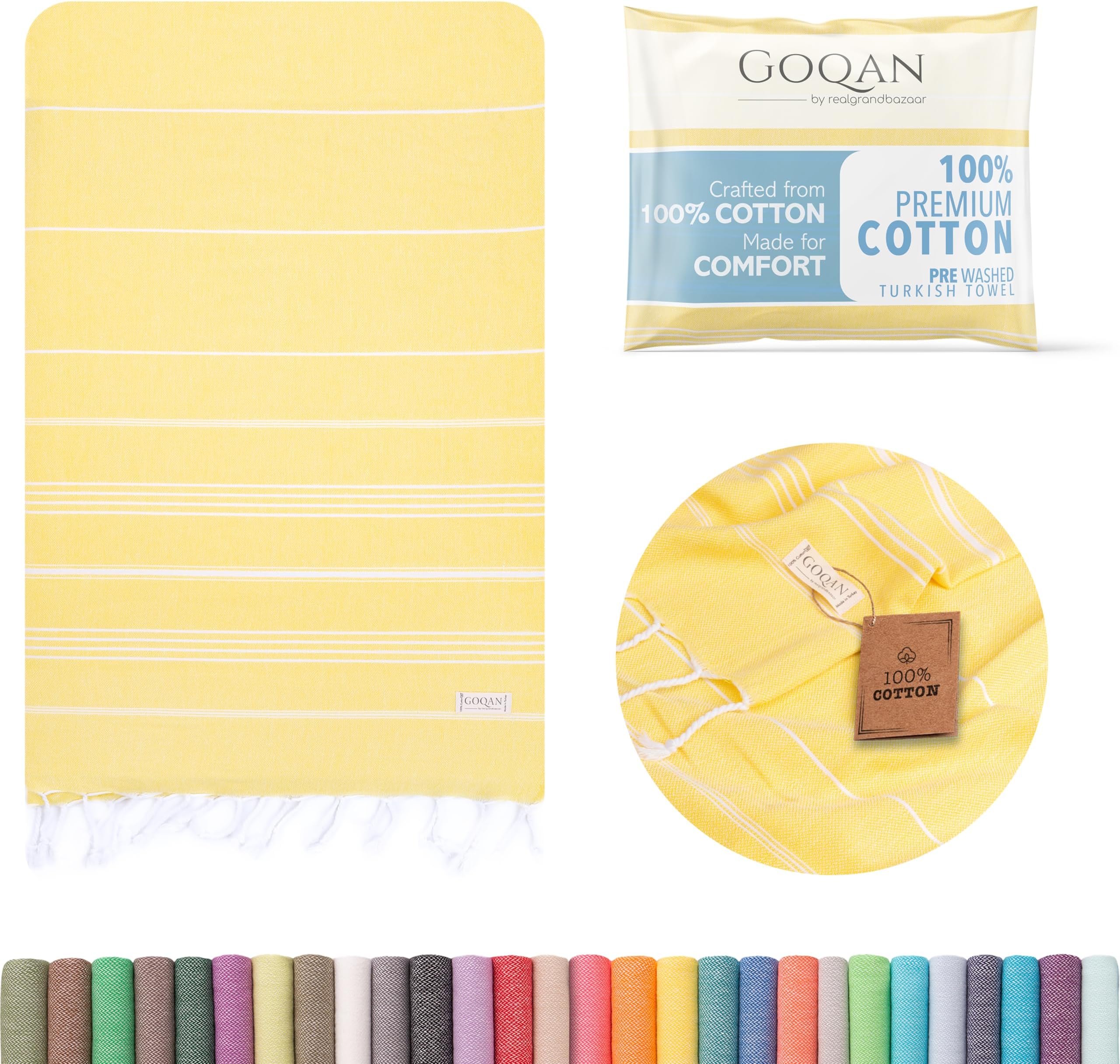 GOQAN Turkish Beach Towel 100% Cotton - Quick Dry Towels for Bath, Hostel Travel, Gym, Exercise, Swim, Shower, 39x71 Large - Rapid Dry for Workout Sports, Swimming, Camping -Yellow