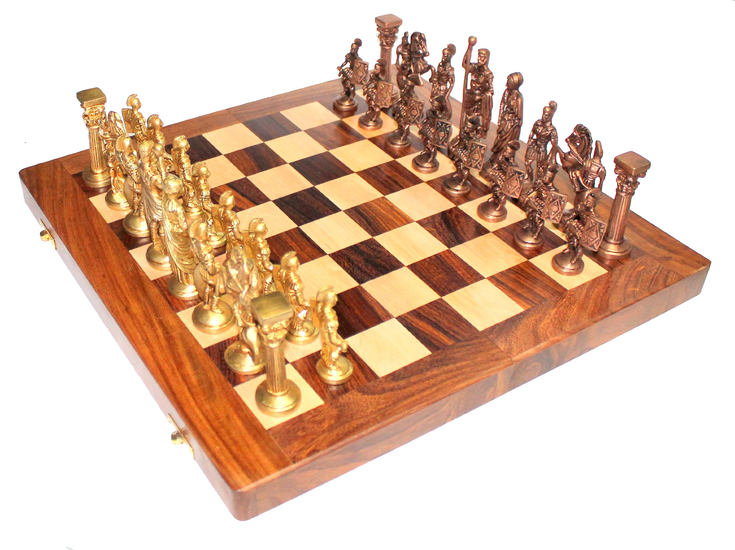 14" X 14" Collezione Scacchiera In Legno Pieghevole Commissione Di Ottone Numero Romano Pezzi