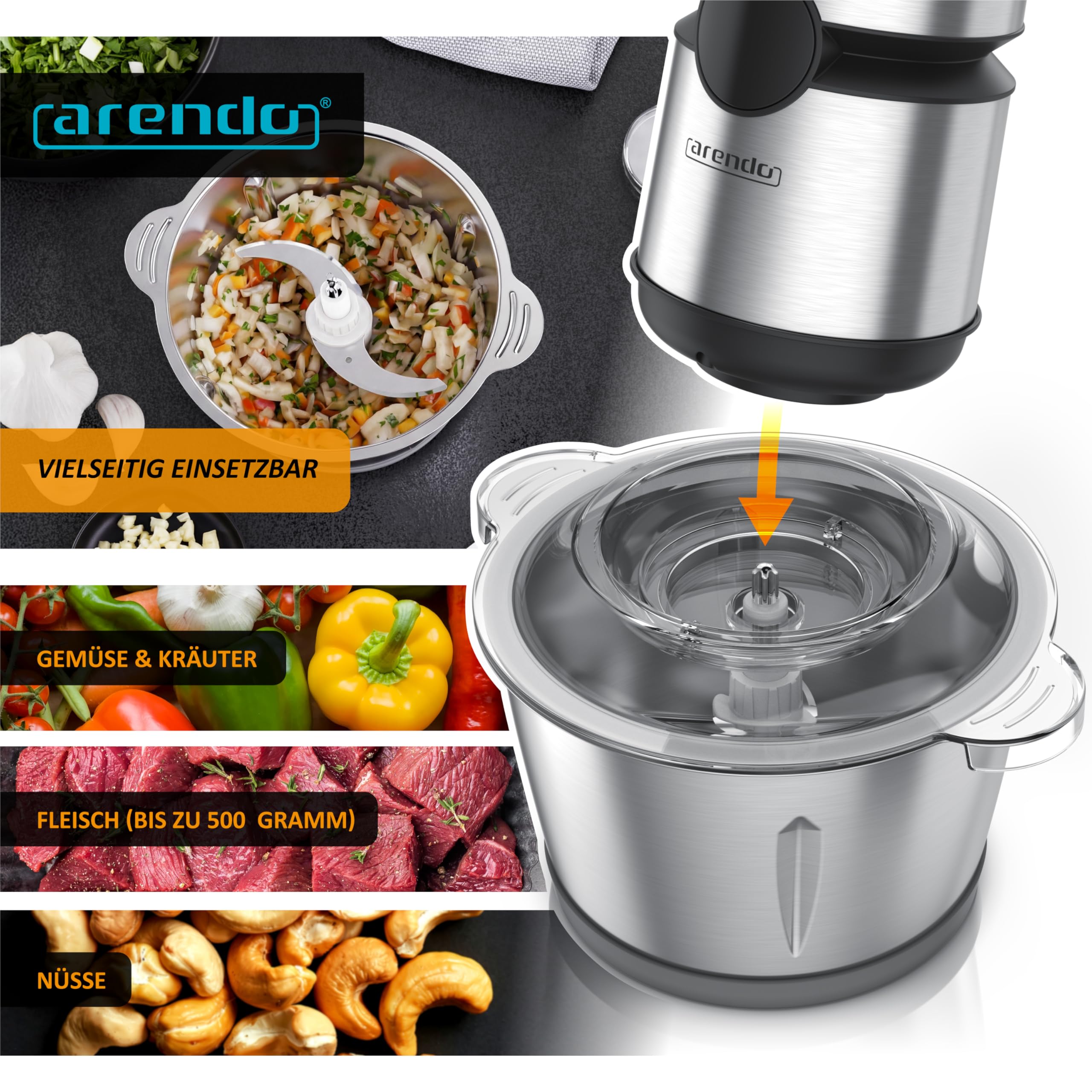 Arendo - Multi Zerkleinerer elektrisch Edelstahl – extra starker 500 W Motor – 2 L Fassungsvermögen – Universalzerkleinerer – mit Edelstahl-Mixbehälter – für Fleisch Nüsse Obst Gemüse u.v.m.