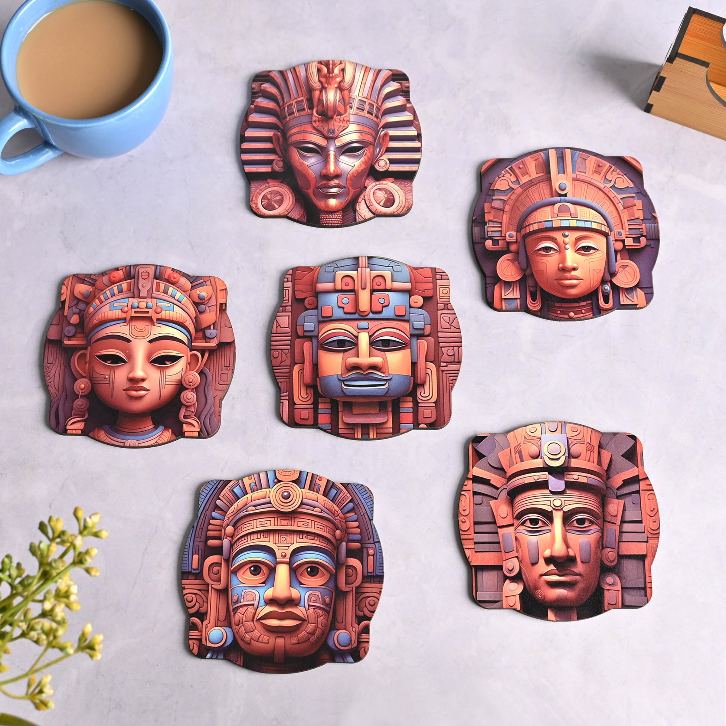 GKD Coaster Set of 6 Mayan Art Theme Design Wooden Coasters to Serve Tea Cups, Coffee Mugs and Glasses (3.8 x 3.8 inch) (Square) (Ecofriendly) (B0D3L7SLN1) Amazon Price History, Amazon Price Tracker