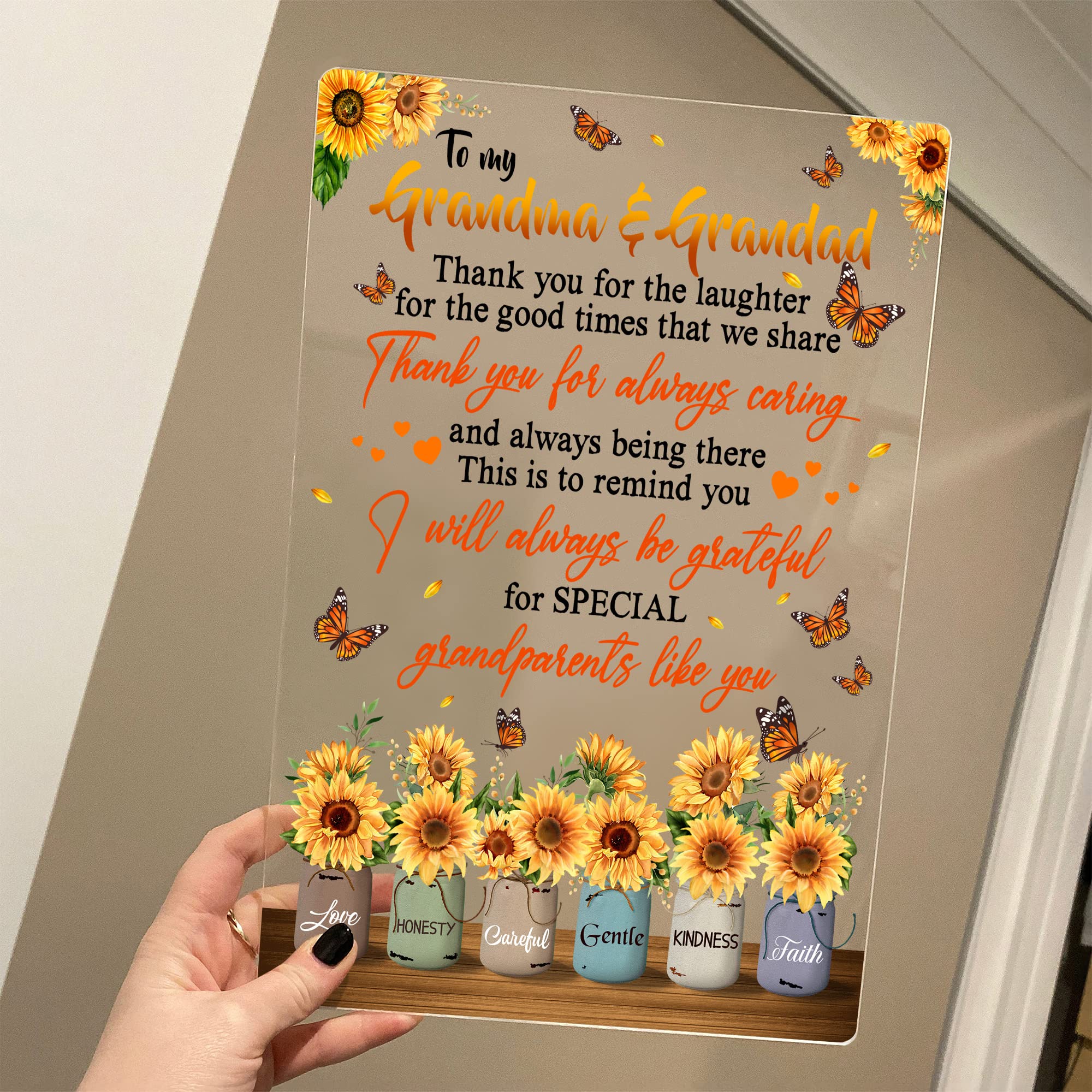 Personalized Grandparents Acrylic Plaque - Custom Photo/Text Sunflower Sign With Stand, Gift From Grandkids