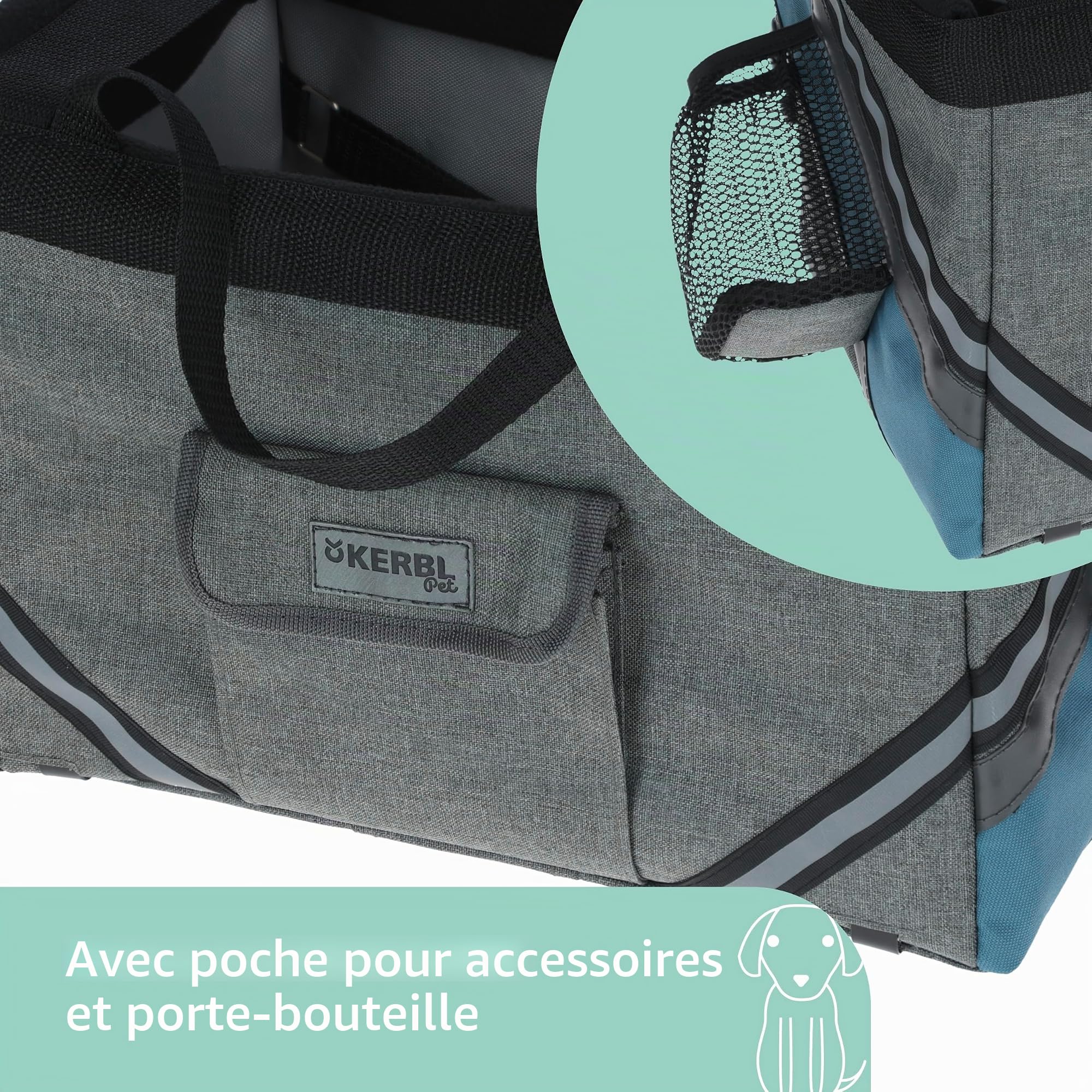 Kerbl Pet Sac de vélo Vacation, Panier pour Chien, Gris, Bleu, 38x29x25cm, Polyester, Petits Chiens, Chats, Coussin de Sol Lavable