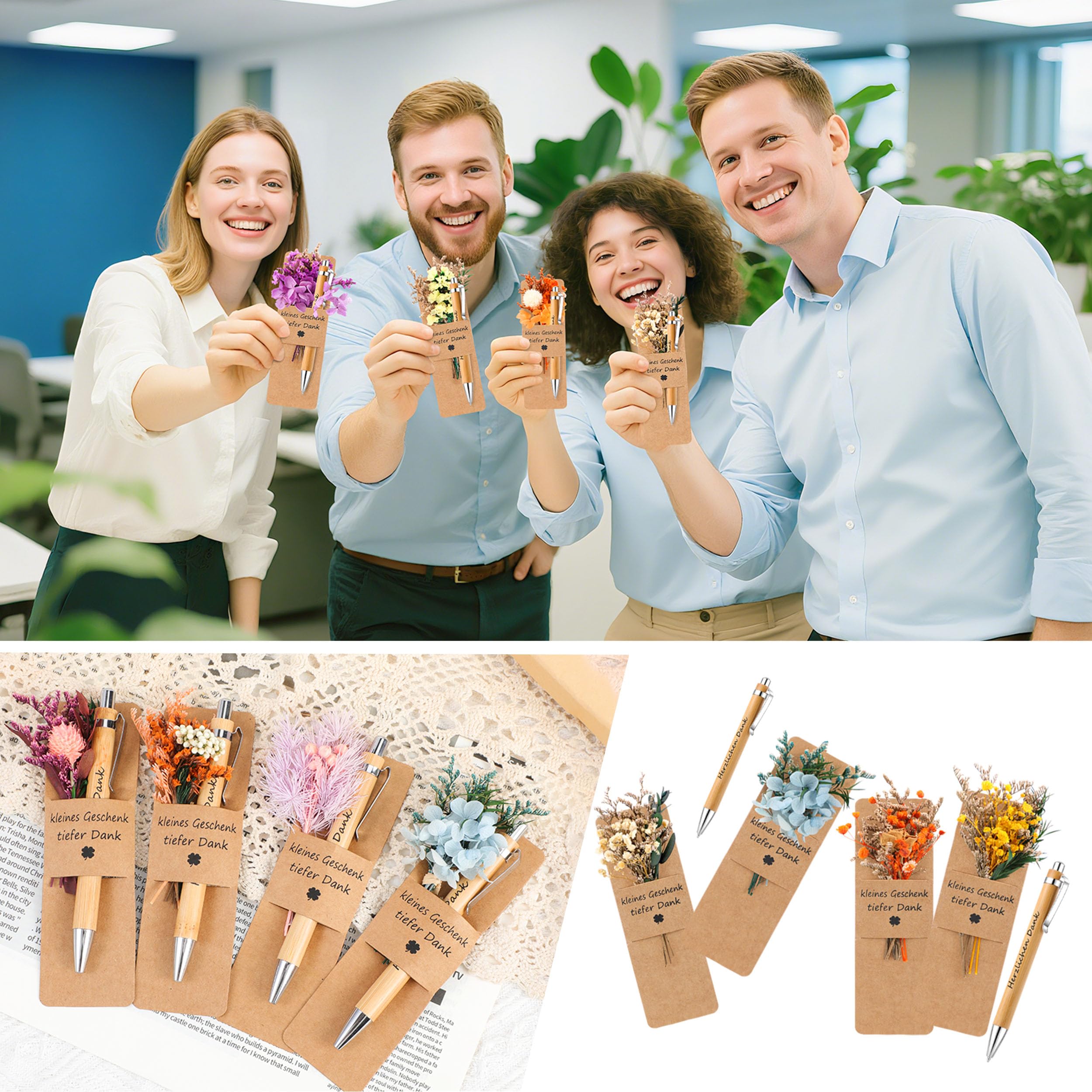 ZJTAPE 12 Sets Kleines Dankeschön Geschenke - Holz Kugelschreiber mit Trockenblumenstrau, Danke für Alles Danke Lesezeichen für Abschiedsgeschenk Lehrerin Erzieherin Kollegen Freund Hochzeit