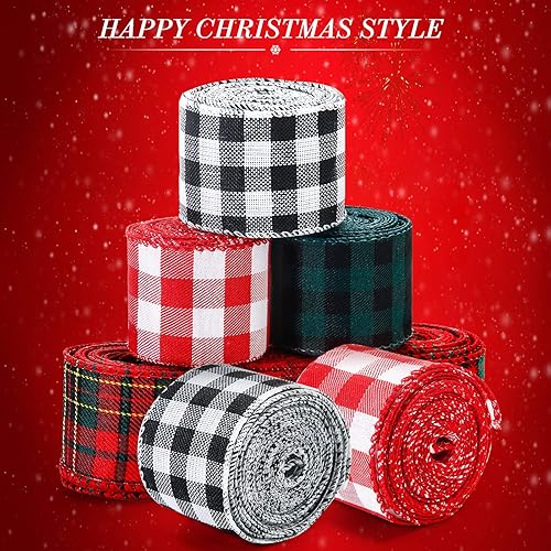 Miniatura 4 de WILLBOND 6 rollos de cinta de Navidad de 26.4 yardas, cinta de Navidad a cuadros de búfalo de Navidad, cintas de borde con alambre, cinta de