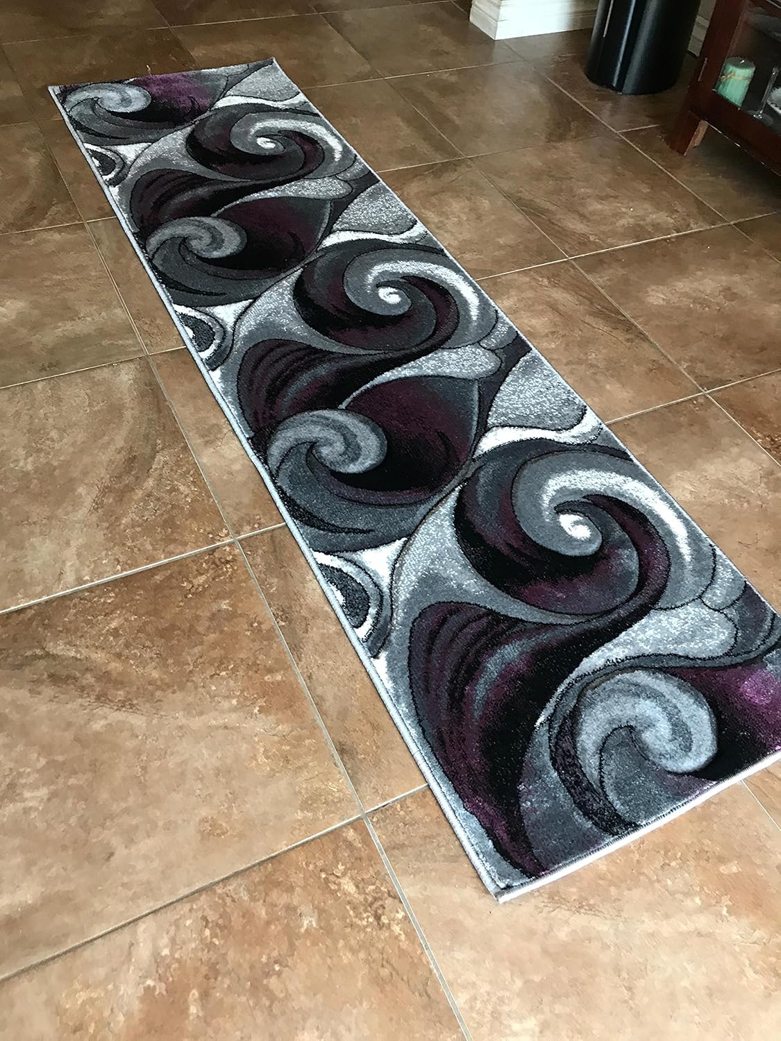 Modern Runner Area Rug Gray Purple, Grey Black Carpet King Design 410 (2 Feet X 7 Feet 1 Inch)