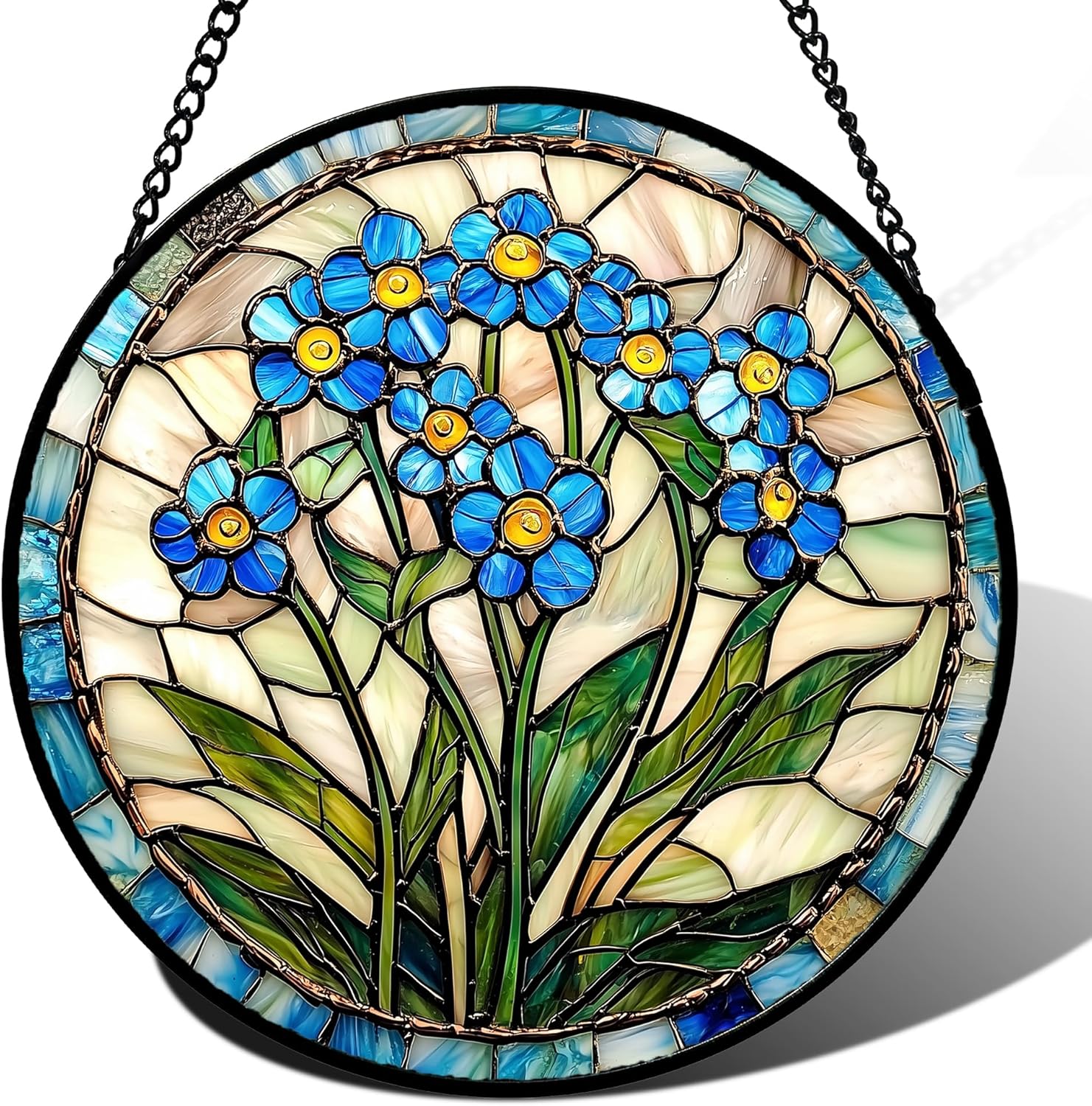 Stained Glass Window Hanging - Blue Plant Flowers Sun Catcher for Door Garden Home Decor Wildflowers Suncatcher Christmas Mother's Day Birthday Gifts for Women Men Mom Nana 15 in
