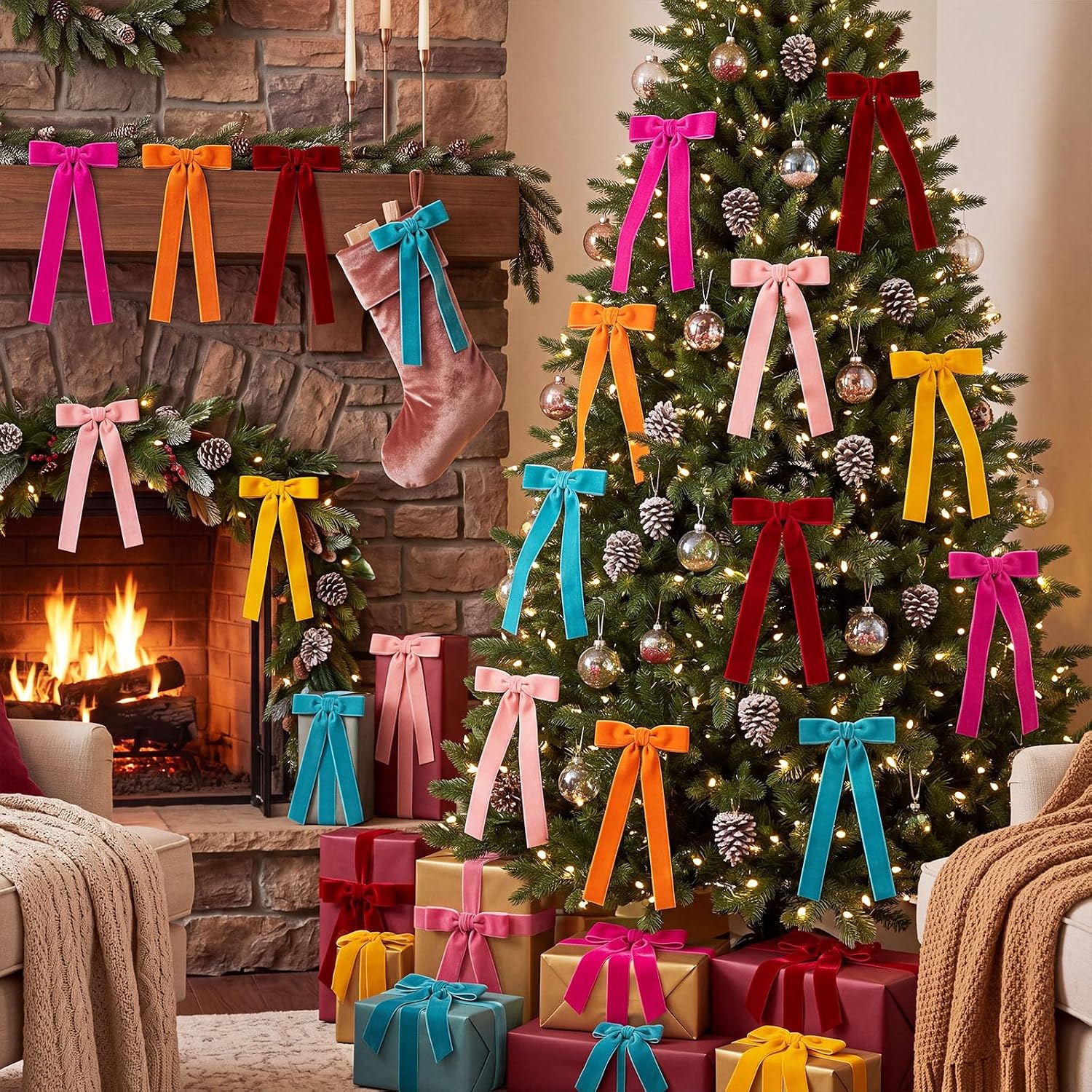 Suncalla 24 Pcs Colorful Velvet Christmas Tree Bows 6 Colors Bows Ornaments