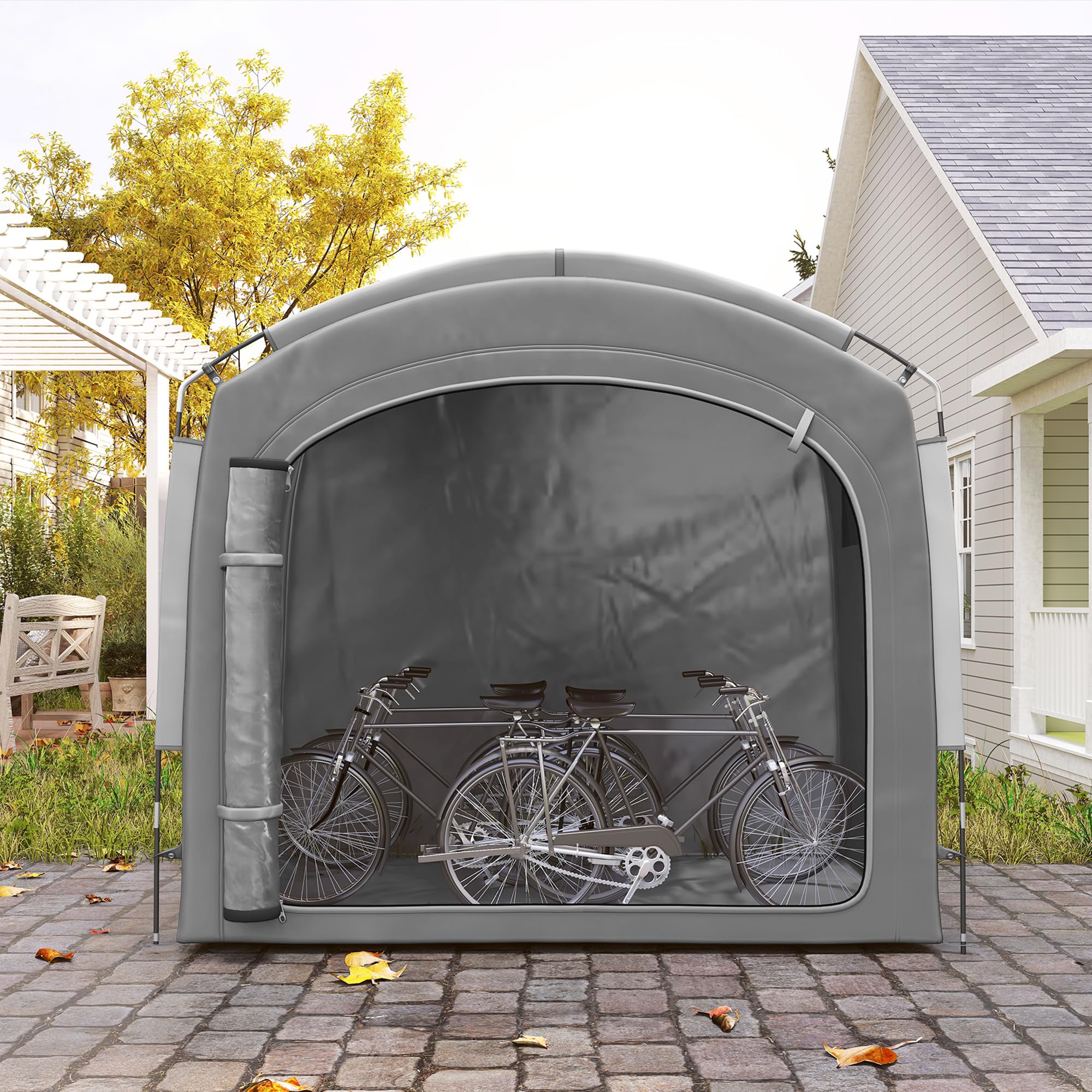 Outsunny Tienda para Guardar Bicicletas en el Exterior, cobertizo portátil para 3-4 Bicicletas con 2 Bolsillos Laterales, 205 x 140 x 188 cm, Gris Oscuro