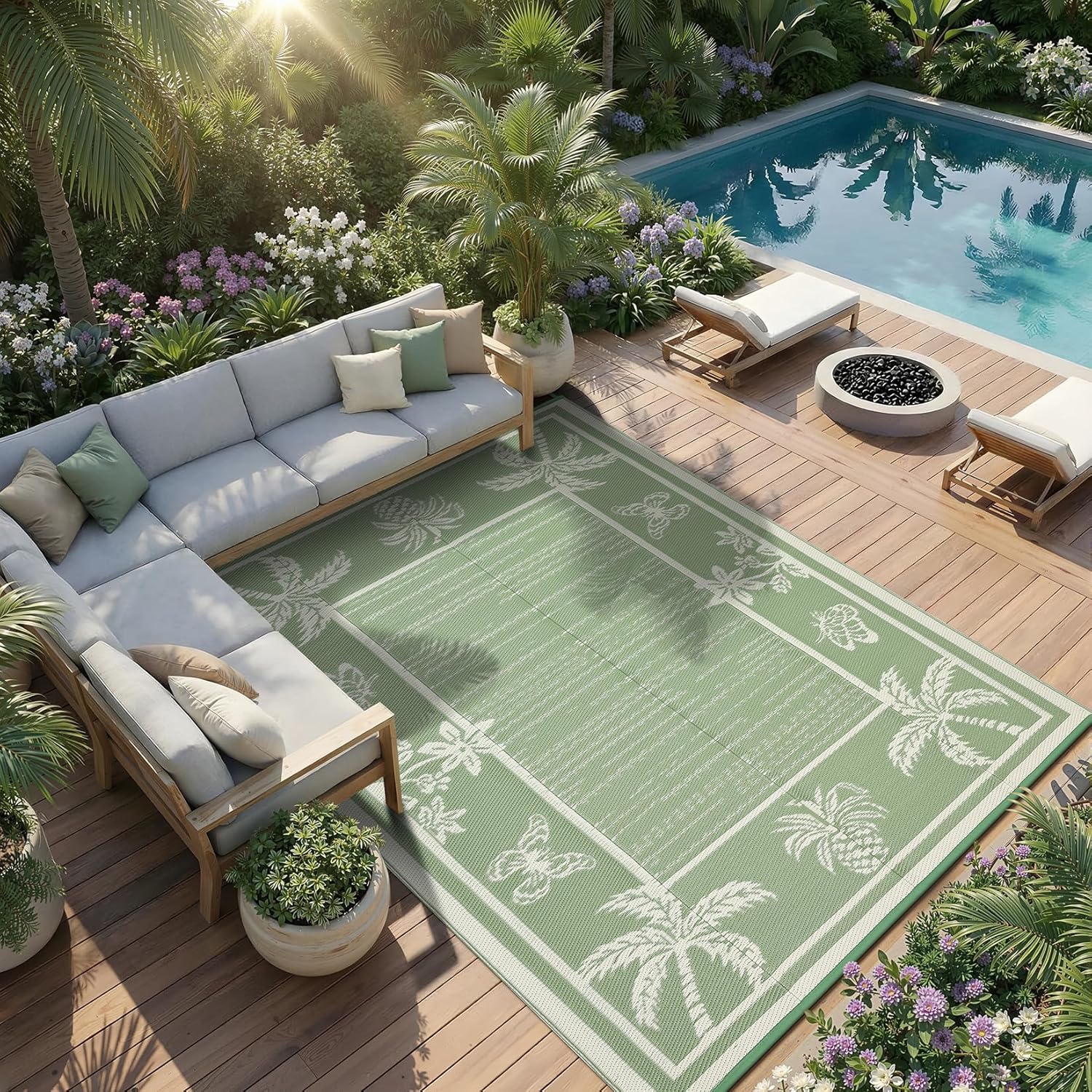 Garvee Outdoor Rug 5x8 Waterproof for Patios, Reversible Plastic Straw Rug, Tropical Leaf Indoor Outdoor Rugs, Large Area Rug for RV, Camping, Deck, Picnic Mat, Outside Carpet, Sage Green & Ivory