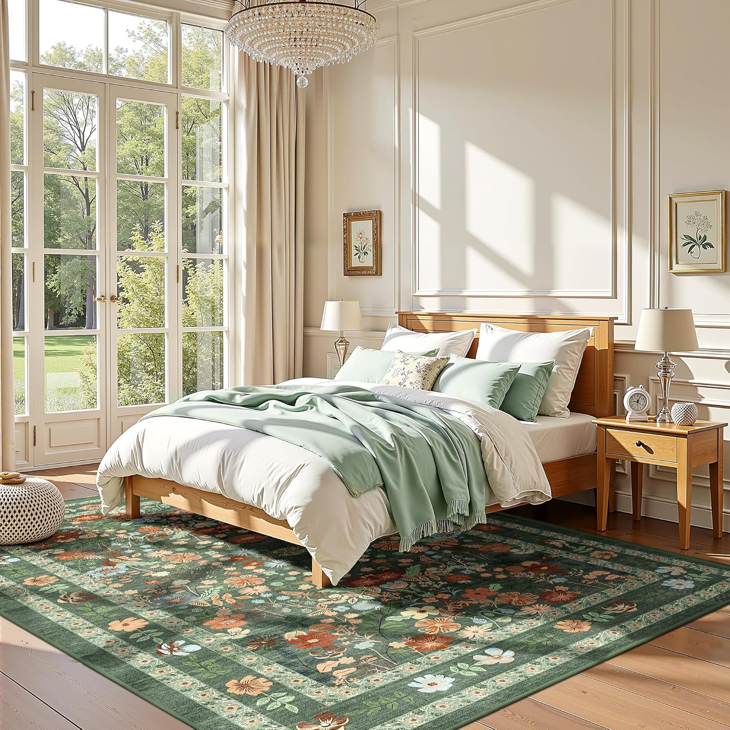 Deerly Green Boho Floral Rug 6x9 Vintage Boho Washable Non-Slip Living Room Carpet Soft Low Pile Thin Bedroom Floor Mat Indoor for Dining Room Playroom Nursery Farmhouse, Green/Multi - Image 3