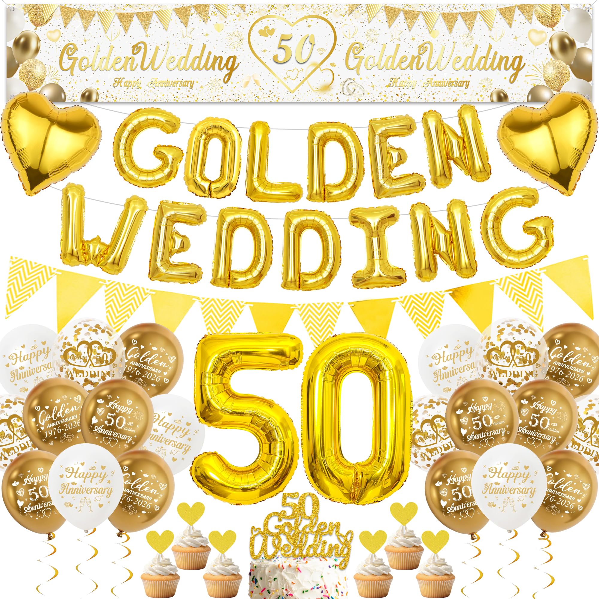 50th Wedding Anniversary Decorations Set - Golden Wedding Yard Banner and Foil Letter Balloons for Happy Anniversary Party, Gold Number 50 Foil Balloons Bunting Cake Topper for 50 Years Decor