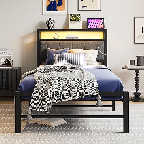 Miniatura 10 de BOFENG Base de cama Queen con cabecera de almacenamiento tapizada y estación de carga, luces LED, plataforma de metal resistente, marco de cama