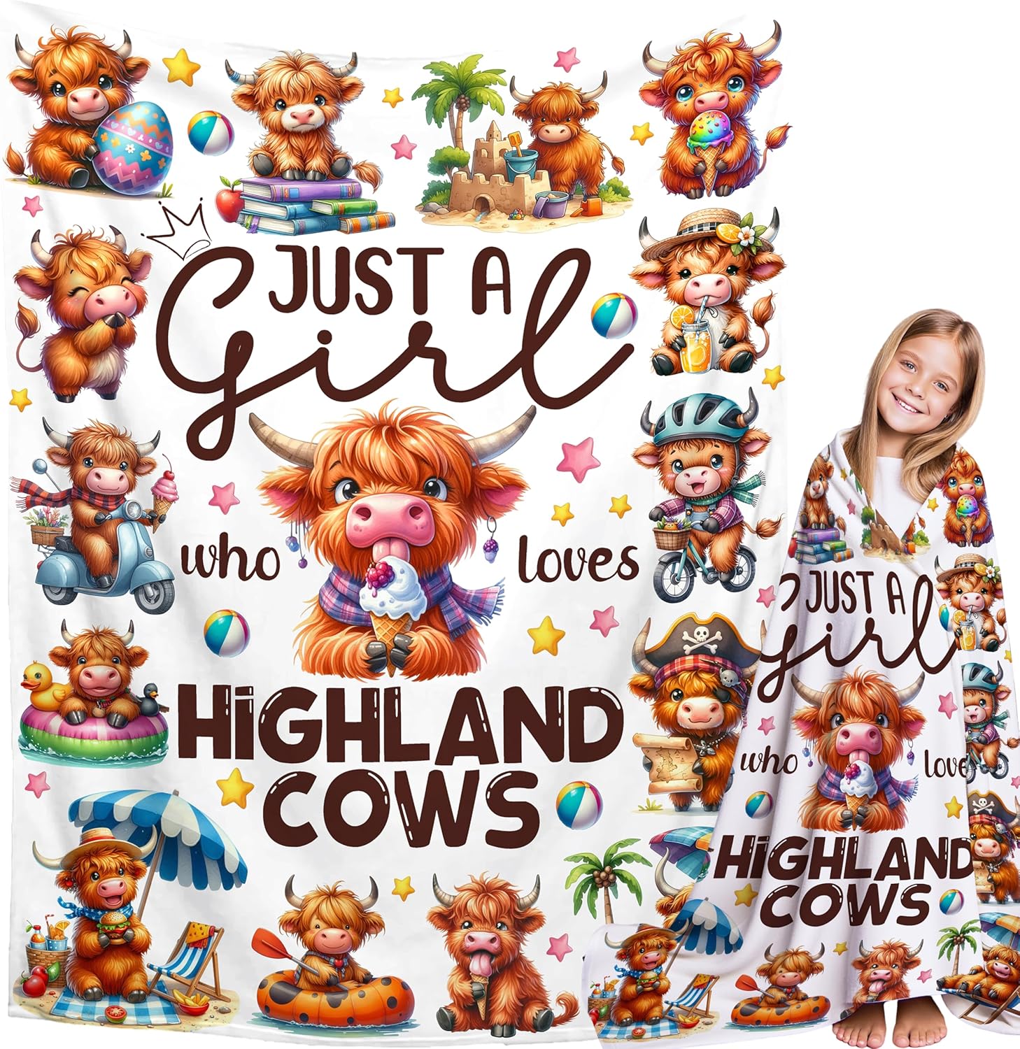 Highland Cow Blankets Just A Girl Who Loves Highland Cows Throw Blanket Cute Cows Blanket Gift for Women Girl Highland Cow Lover Soft Cozy Cow Print Decor Blankets for Crib Couch Sofa Cow Themed Stuff