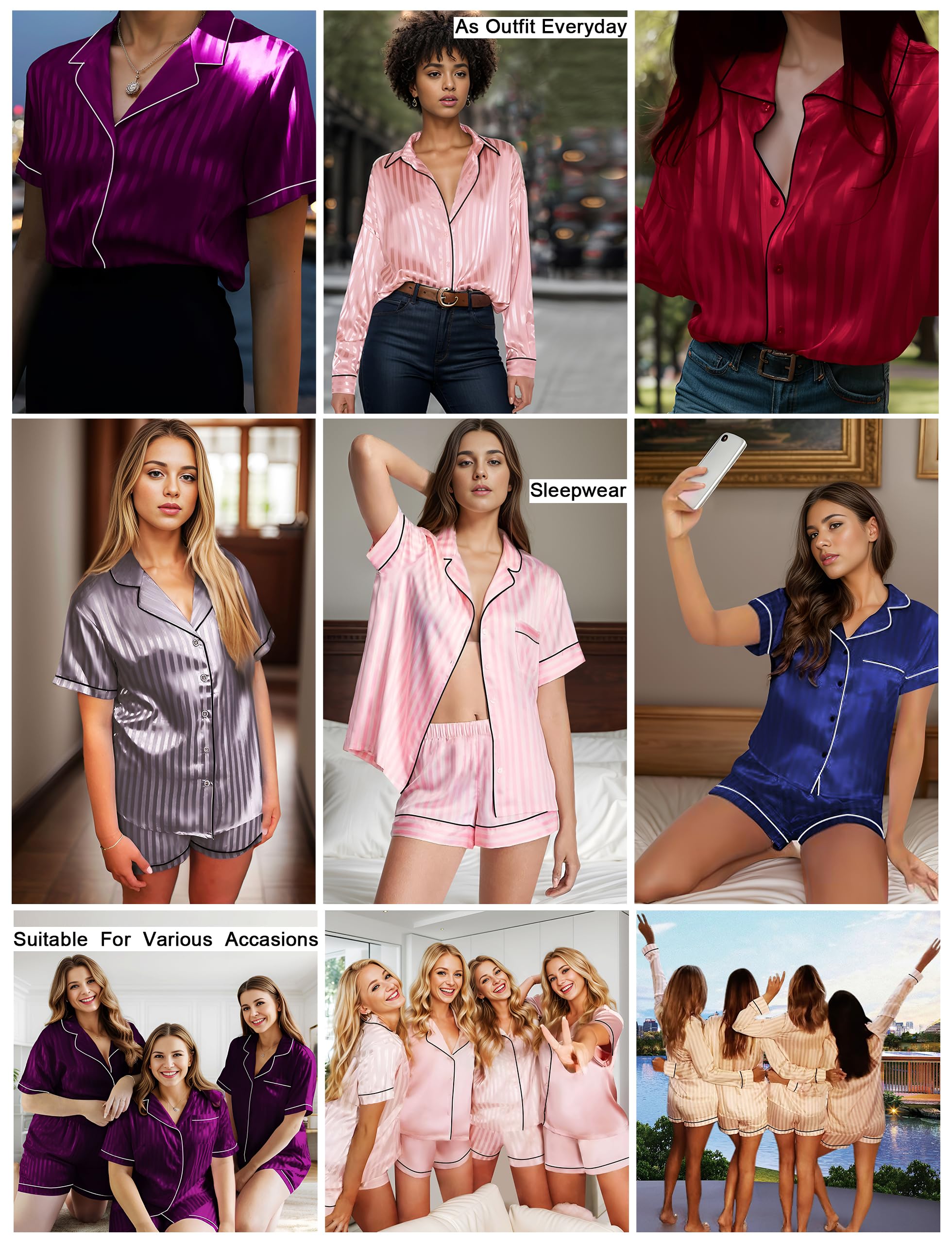 Lonxu Womens Silk Satin Pajamas Set Two-Piece Button-Down Pj Sets Sleepwear Loungewear XS~3XL