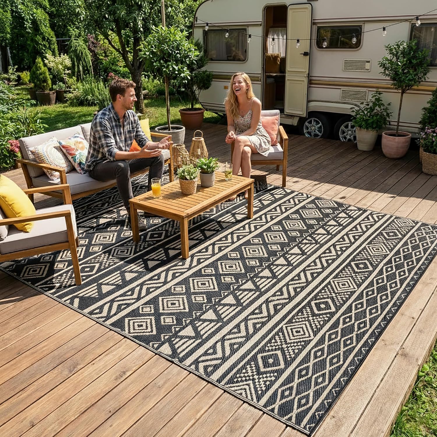 RURALITY Outdoor Rugs 5'x8' Waterproof for Patios Clearance,Plastic Straw Mats for Backyard,Porch,Deck,Balcony,RV,Black&Beige