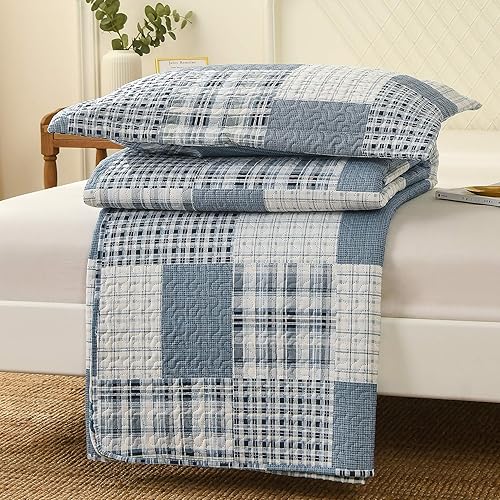Miniatura 6 de Green Essen Juego de ropa de cama a cuadros de color azul, blanco y gris, tamaño King, juego de edredón ligero de retazos clásico, colcha de cuadros