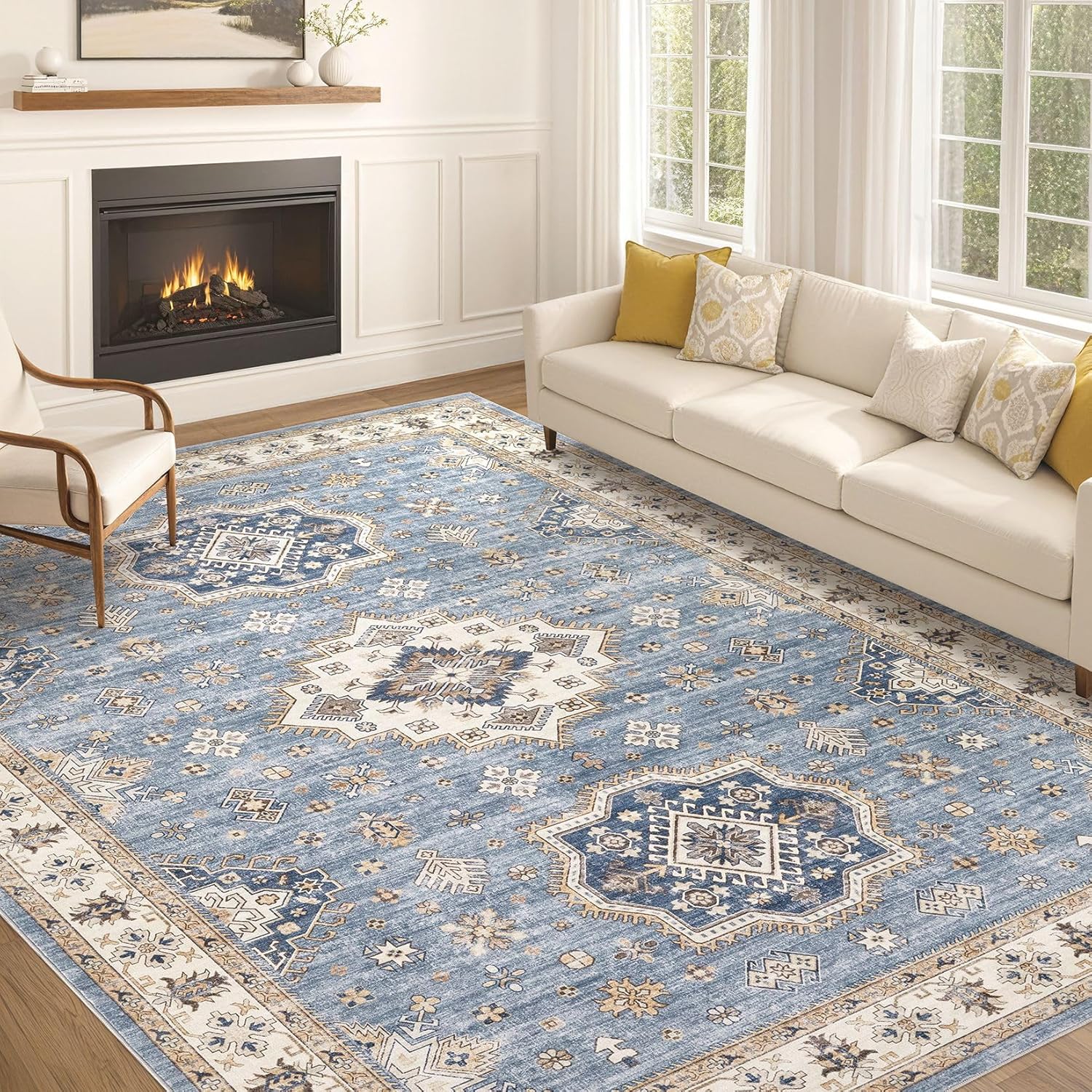 Washable Rugs for Living Room: Vintage Large 9x12 Area Rug for Bedroom Dining Room for Under Table Soft Stain Resistant Pet Friendly Oriental Farmhouse Tribal Retro Accent Carpet - Blue