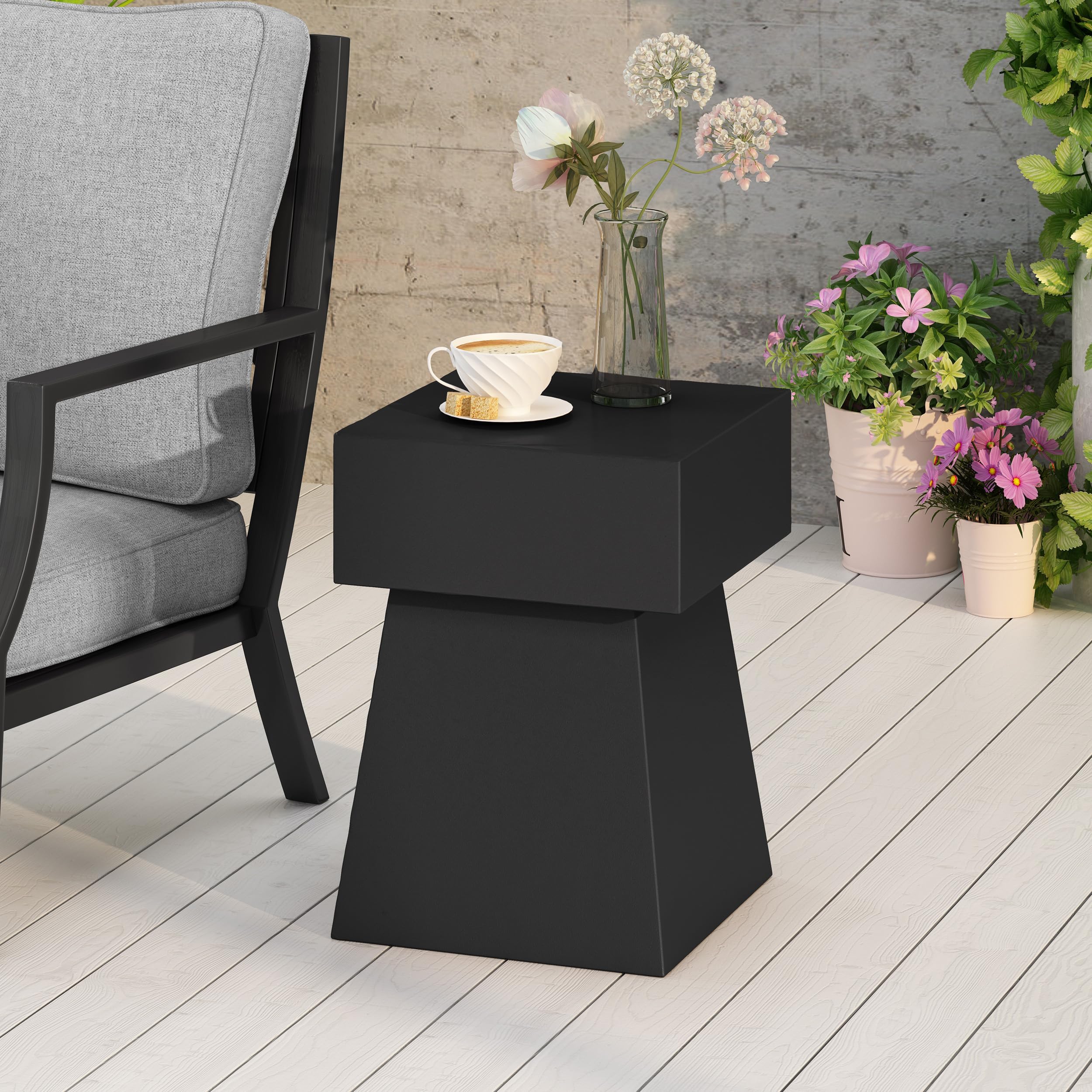 espidoo Modern Concrete Side Table for Small Spaces: 13.75" Square Compact Pedestal Table - No Assembly Required for Sofa Bedside & Balcony