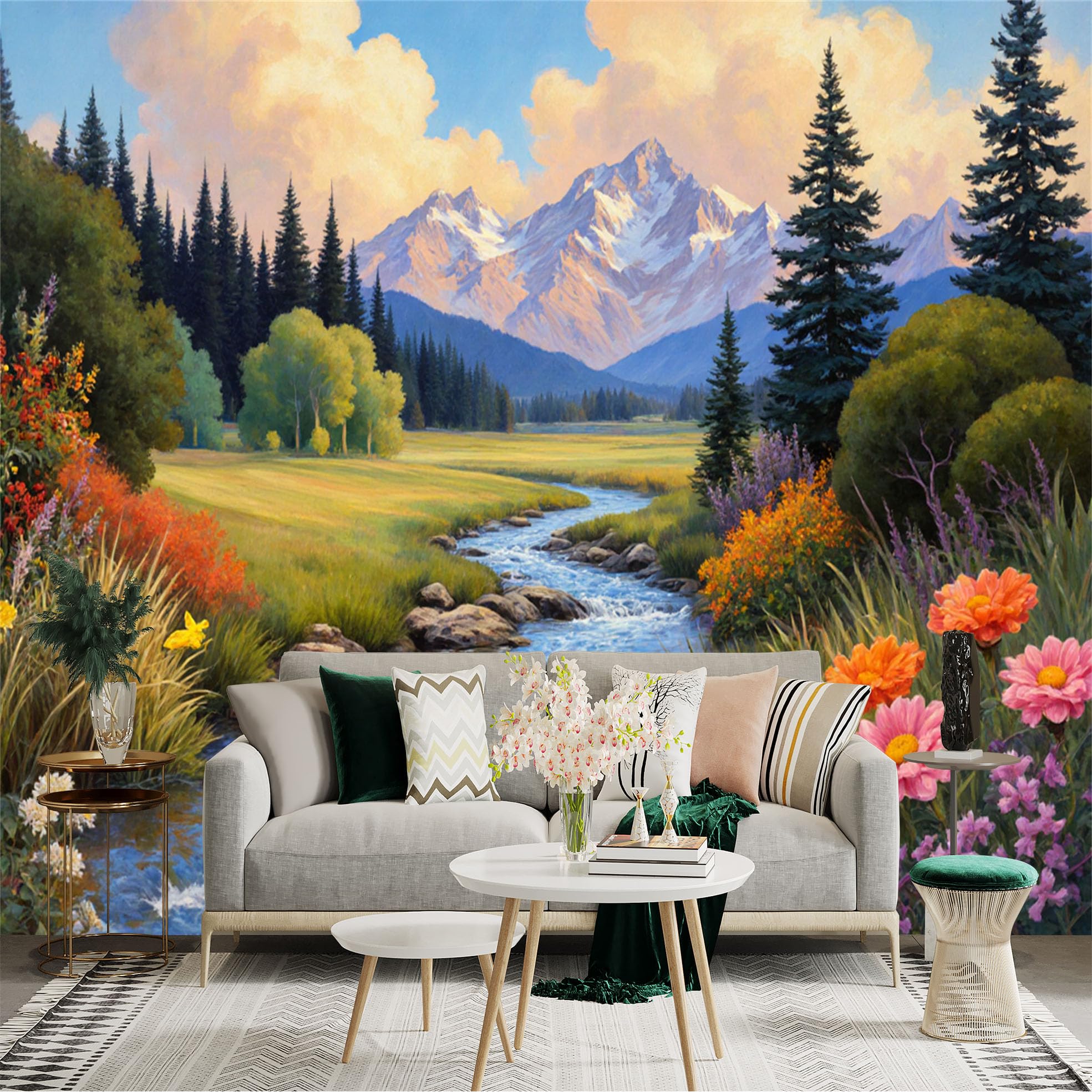 Lnzczhyre Xc260505620 Custom Size Wall Sticker Mural， Scenic Mountain Landscape， Flowing River， Blooming Wildflowers， Lush Pine Forest， For Wall Decoration， Peelandstick Wall Decals.