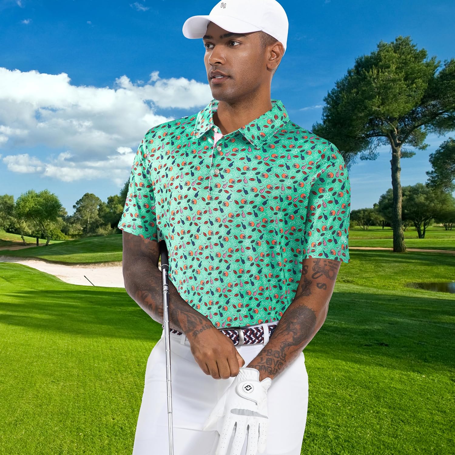 Mens Golf Shirt Moisture Wicking Dry Fit Print Performance Short Sleeve Polo Shirts for Men