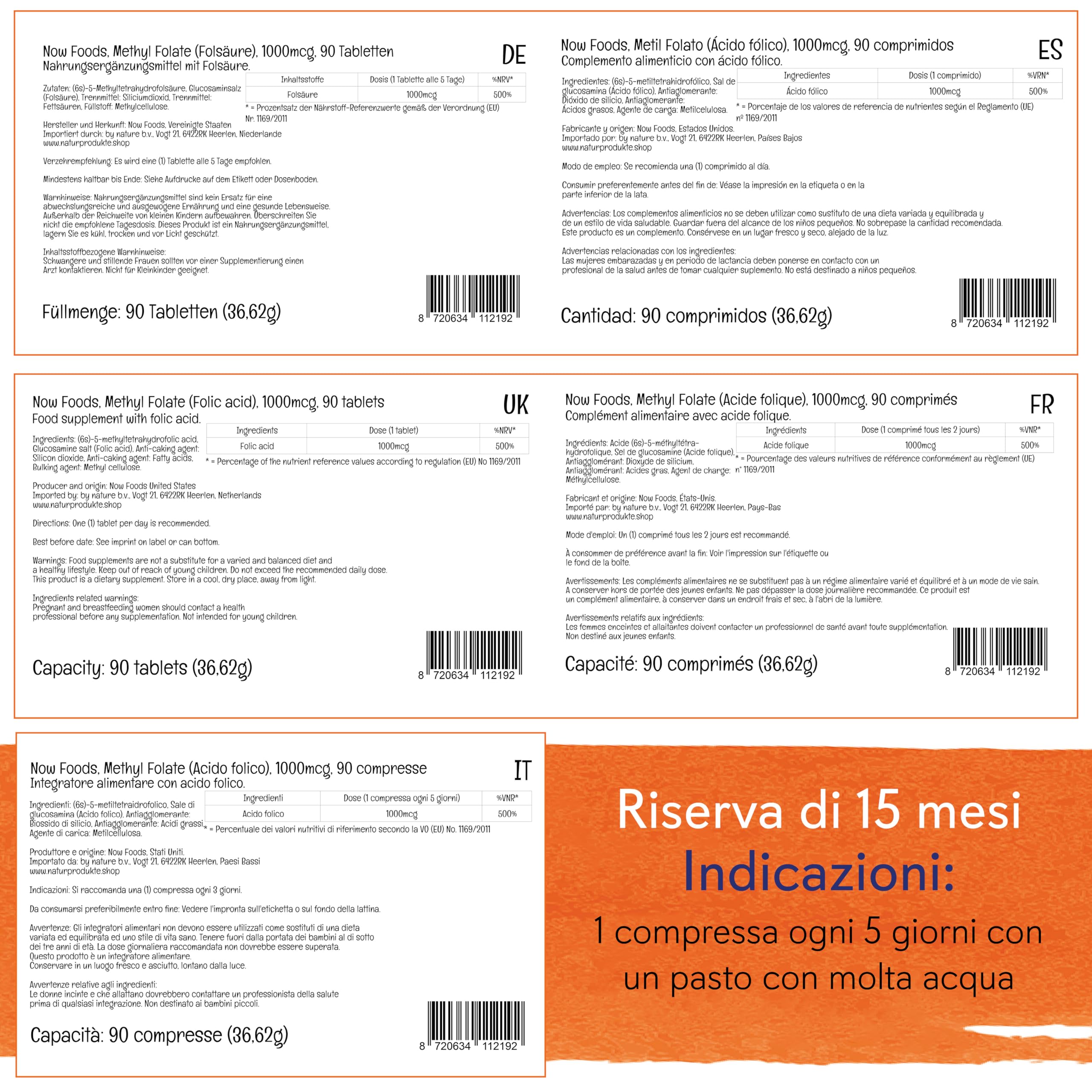 Now Foods, Methyl Folate (Acido Folico), 1.000 mcg, 90 Compresse vegane, Testato in Laboratorio, Vitamina B9, Senza Glutine, Senza Soia, Vegetariano