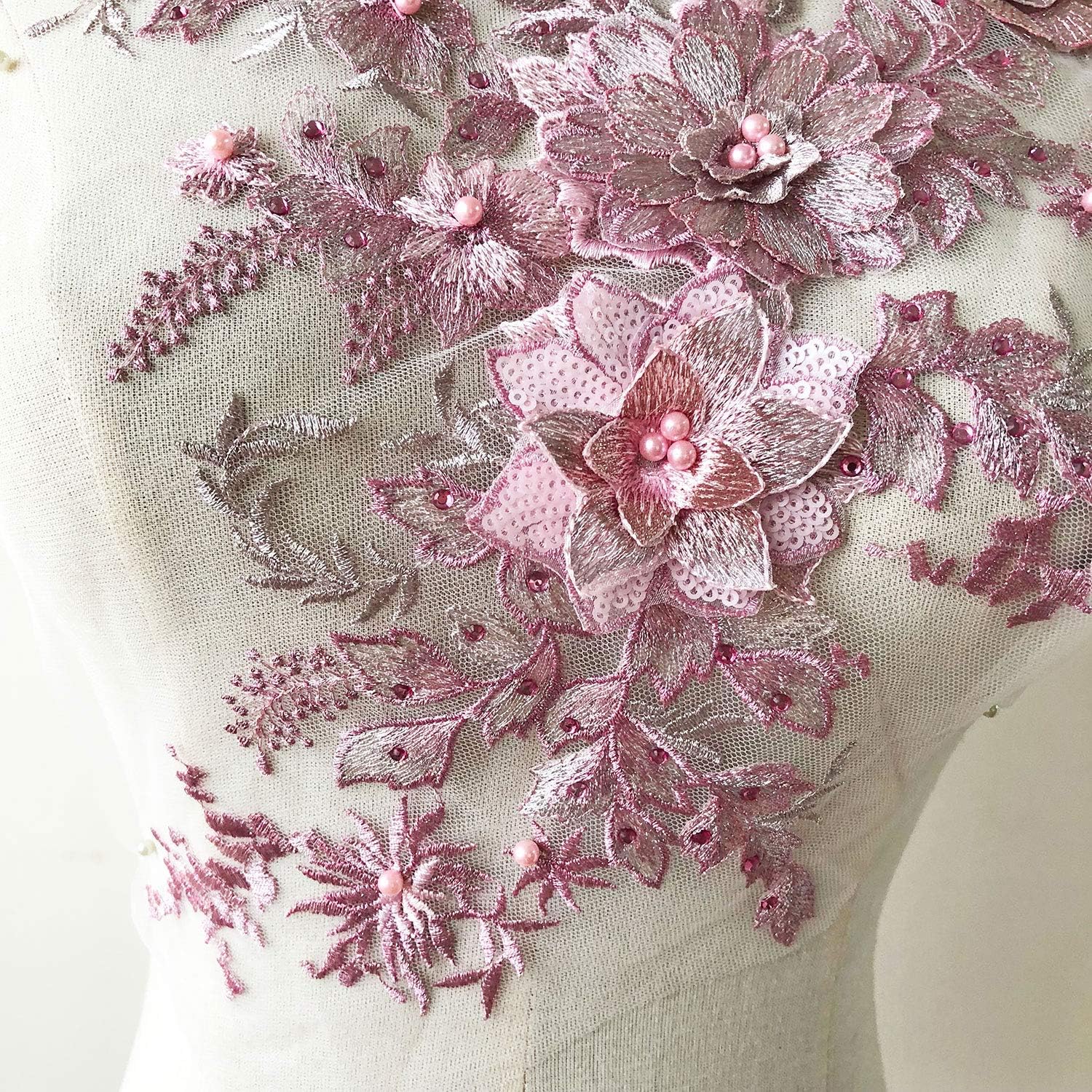 3D Flower Embroidery Applique Beaded Embroidery Sewing Lace Patch Wedding Motif for Gown Dress Costume