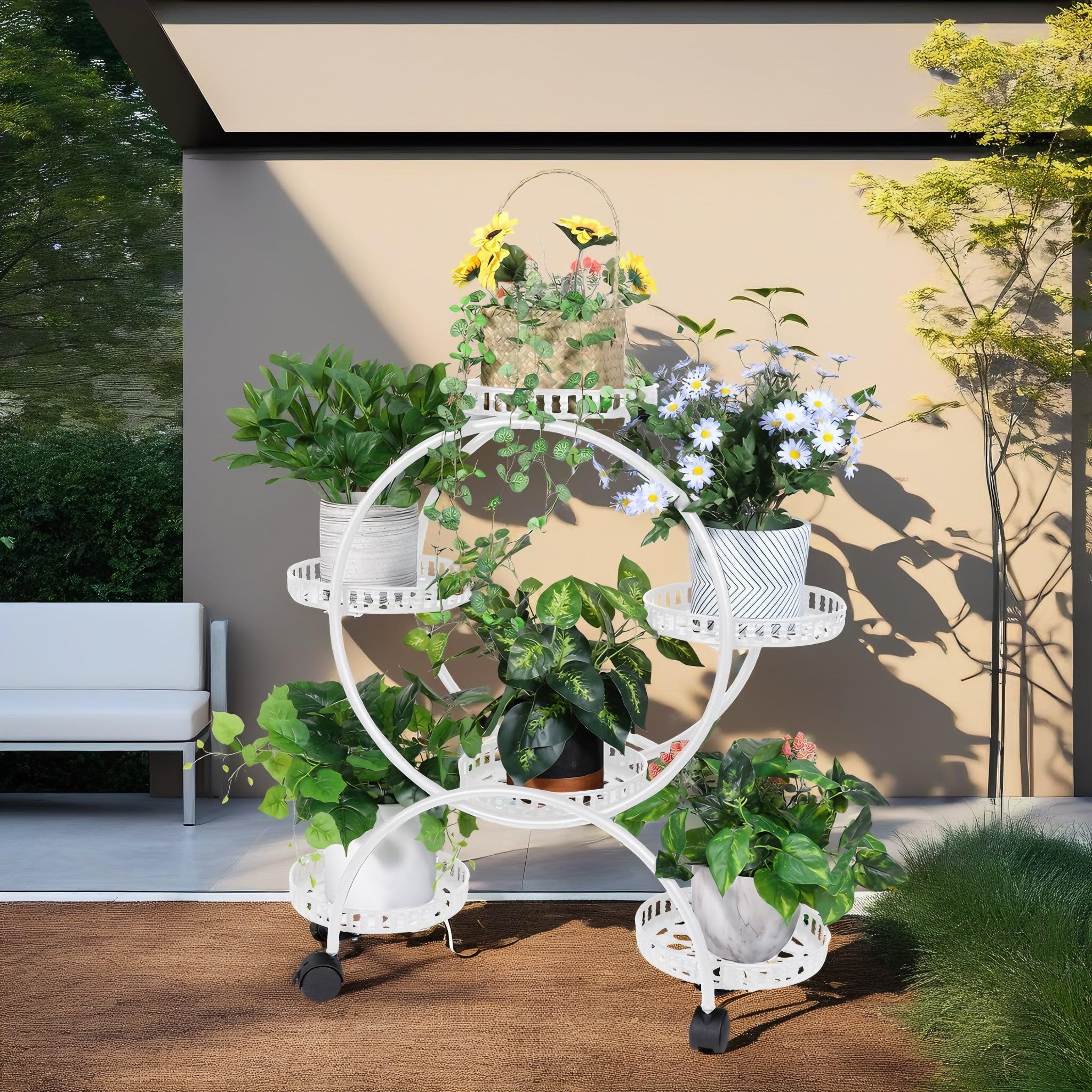 unho Porte Plante Intérieur à roulettes, Cache Pot sur Pied Plante Intérieur Blanc Support Plantes Intérieur Métal Design Étagère Plante Extérieur Jardin en Pot pour Salon Jardin Balcon - 33x73x79cm