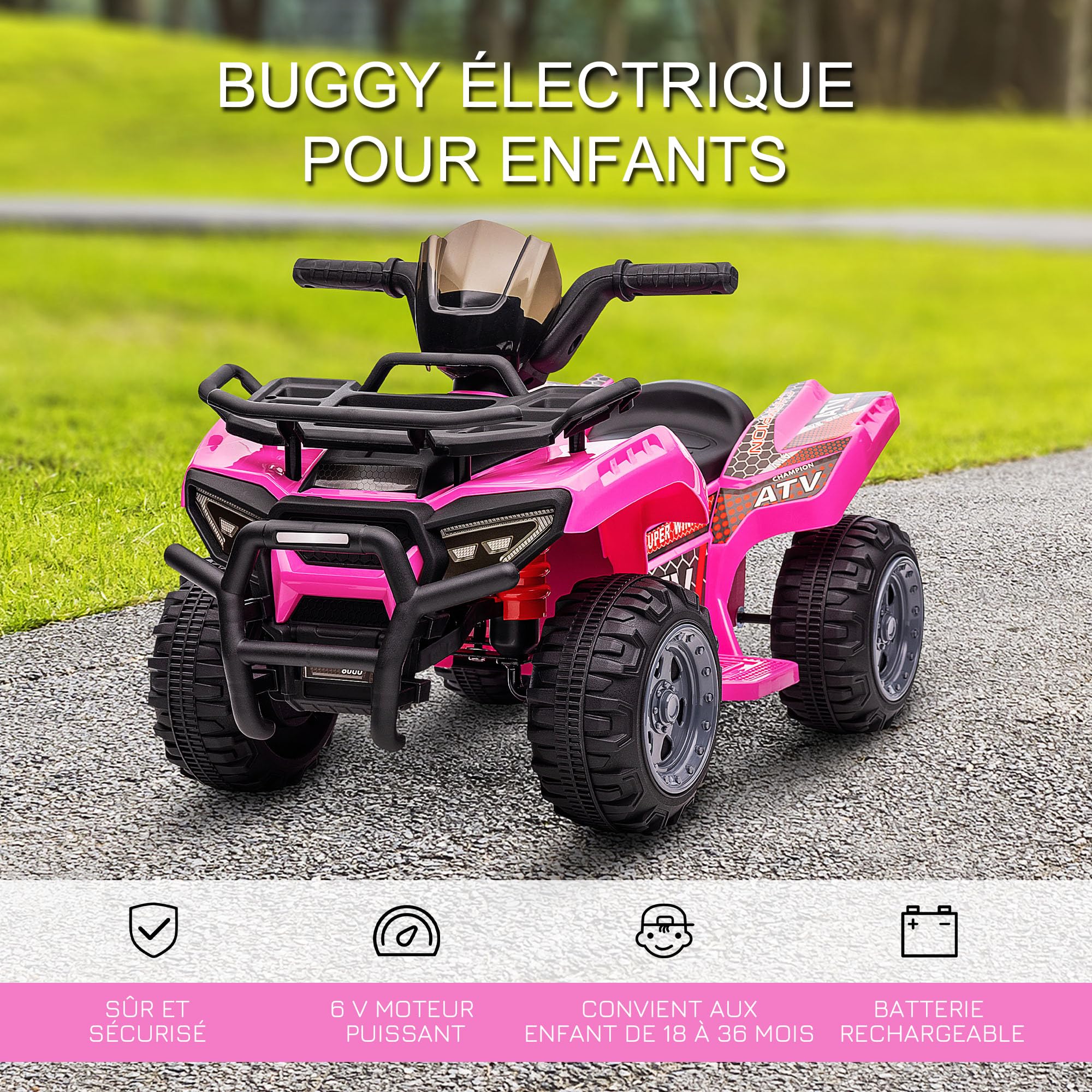 HOMCOM Quad Buggy Voiture électrique Enfant Quad électrique 18-36 Mois 6 V 2 Km/h Max. Rose