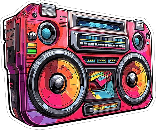 Adhesivo Boom Box de 4 pulgadas, estéreo de música retro de los años 80, calcomanía de vinilo impermeable para laptop, botella de agua, vaso de