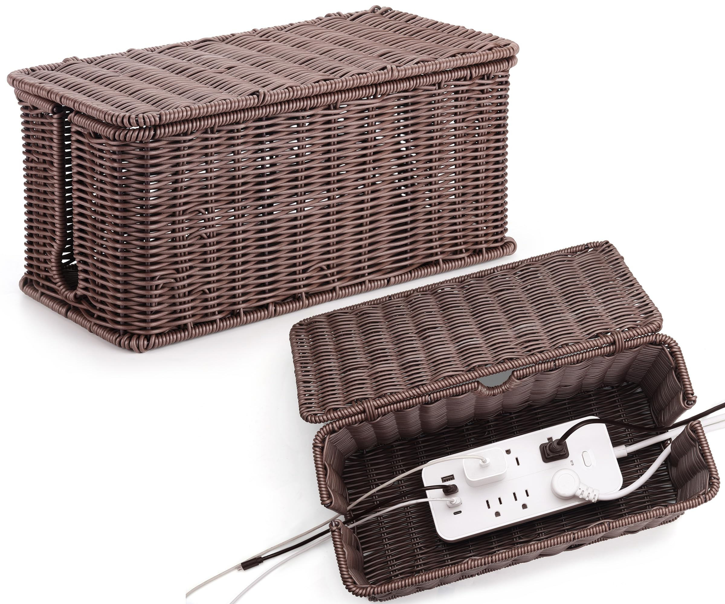 Photo 1 of ZhiYo Rattan Cable Management Box, Dark Brown, 13.5" x 6.2" x 6"