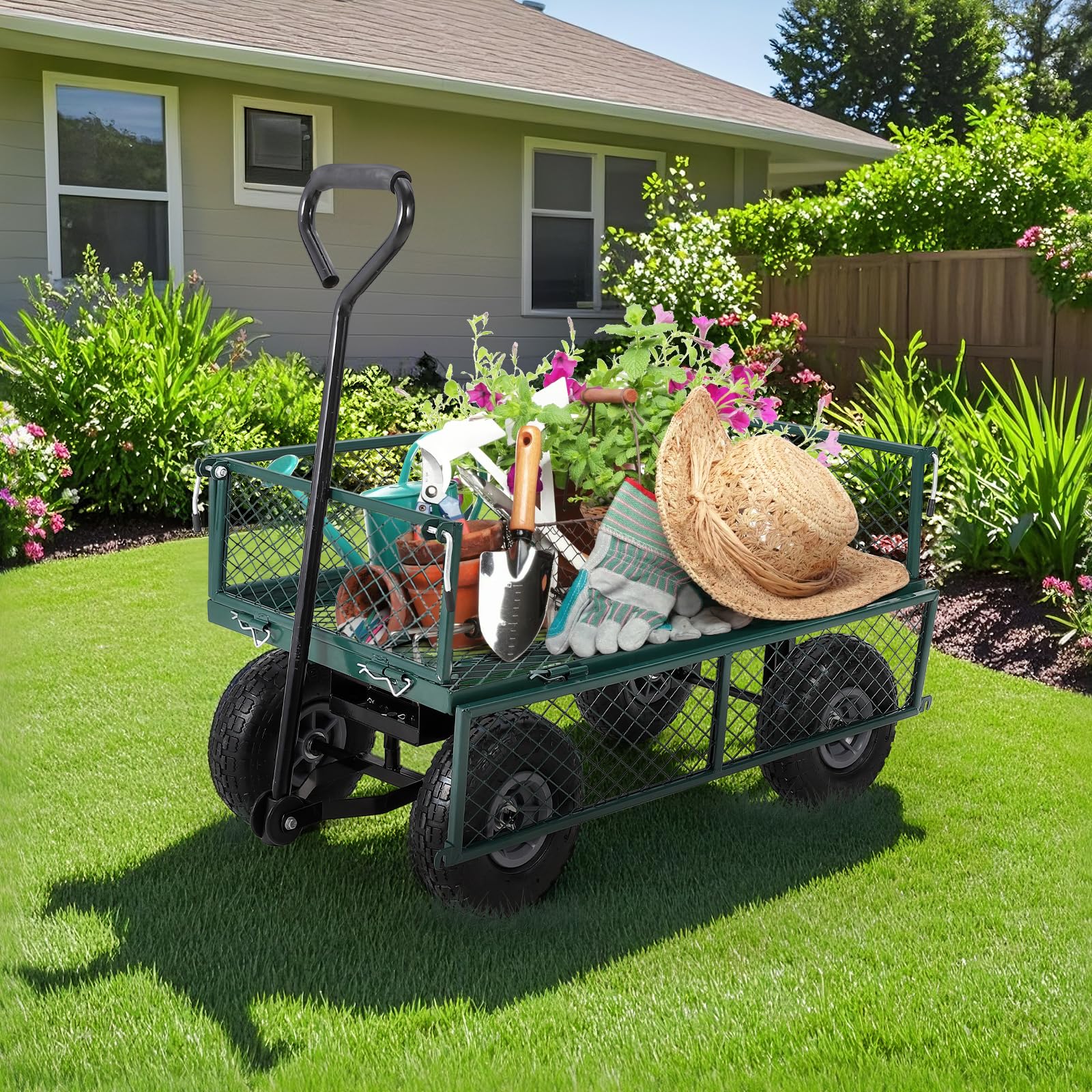 Chariot de Jardin Robuste en Acier – Plateau Pliable Multifonction – Côtés Amovibles – Roues pneumatiques 25 cm – Poignée 2-en-1 – Capacité 225 kg – Idéal pelouse, Plage, paysagisme – Vert,