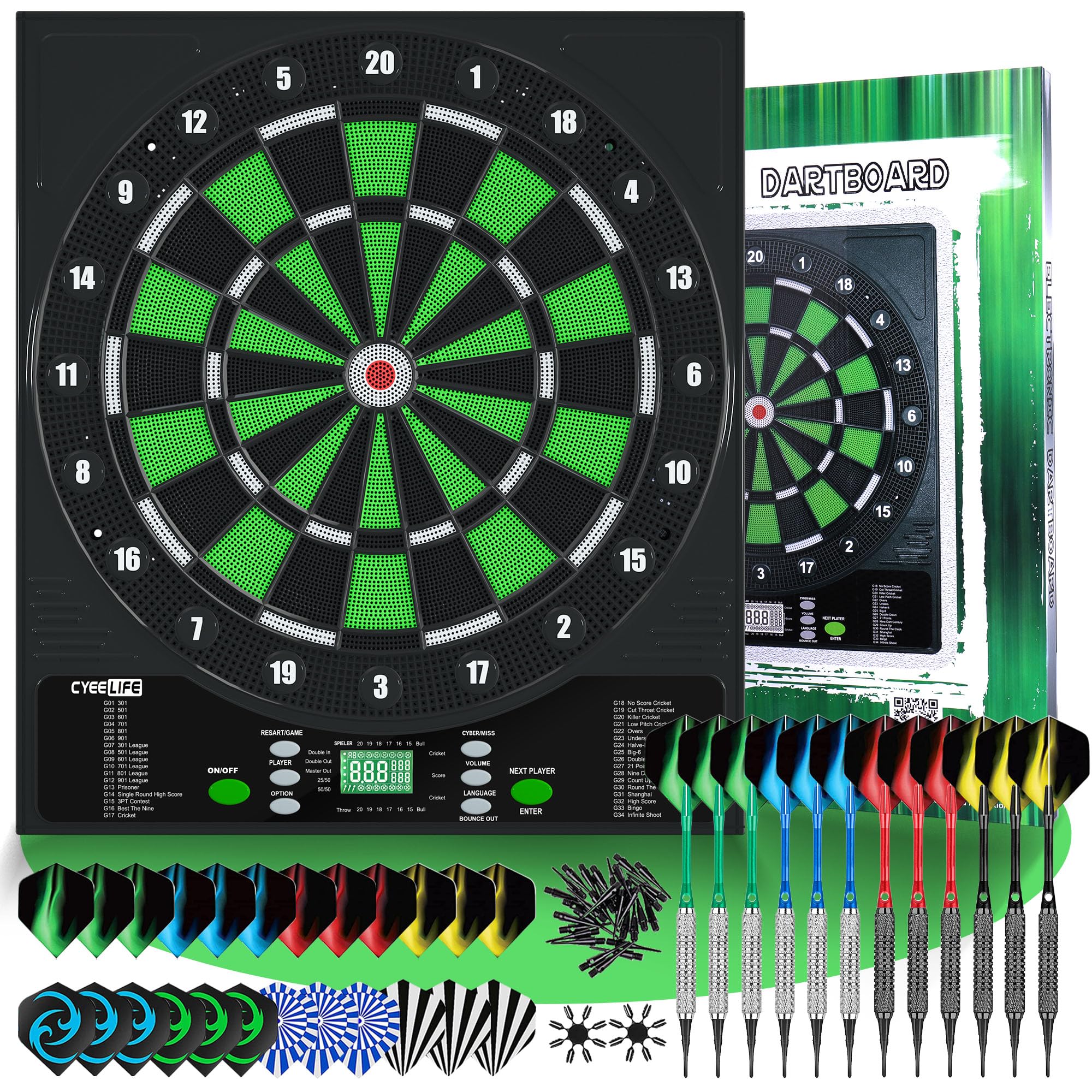 CyeeLife Diana Electrónica Profesional con 12 Dardos, 24 Plumas, 50 Puntas, 2 Protectores de Plumas, 34 Juegos 355 Variantes para 1-8 Jugadores