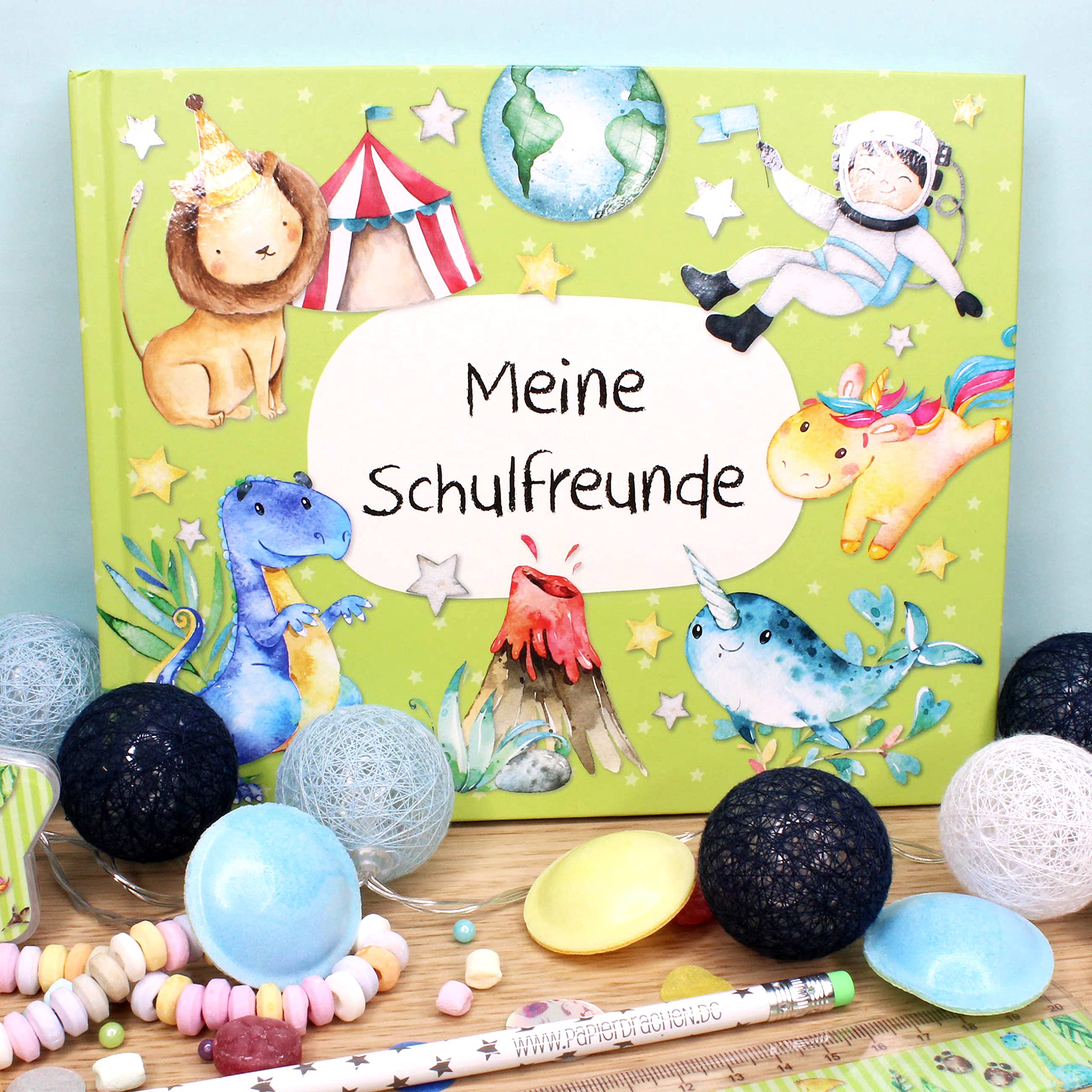 Papierdrachen Livre d'amitié pour enfants – Album de poésie avec dinosaures, chevaliers, astronautes – Vert – pour 27 amis