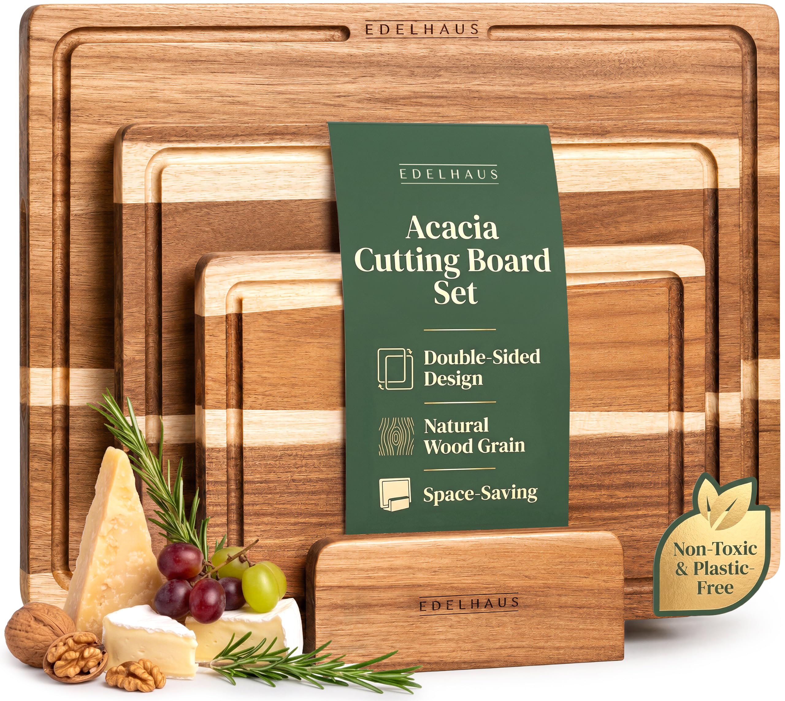EDELHAUS Acacia Wood Cutting Boards for Kitchen Set of 3, Double sided