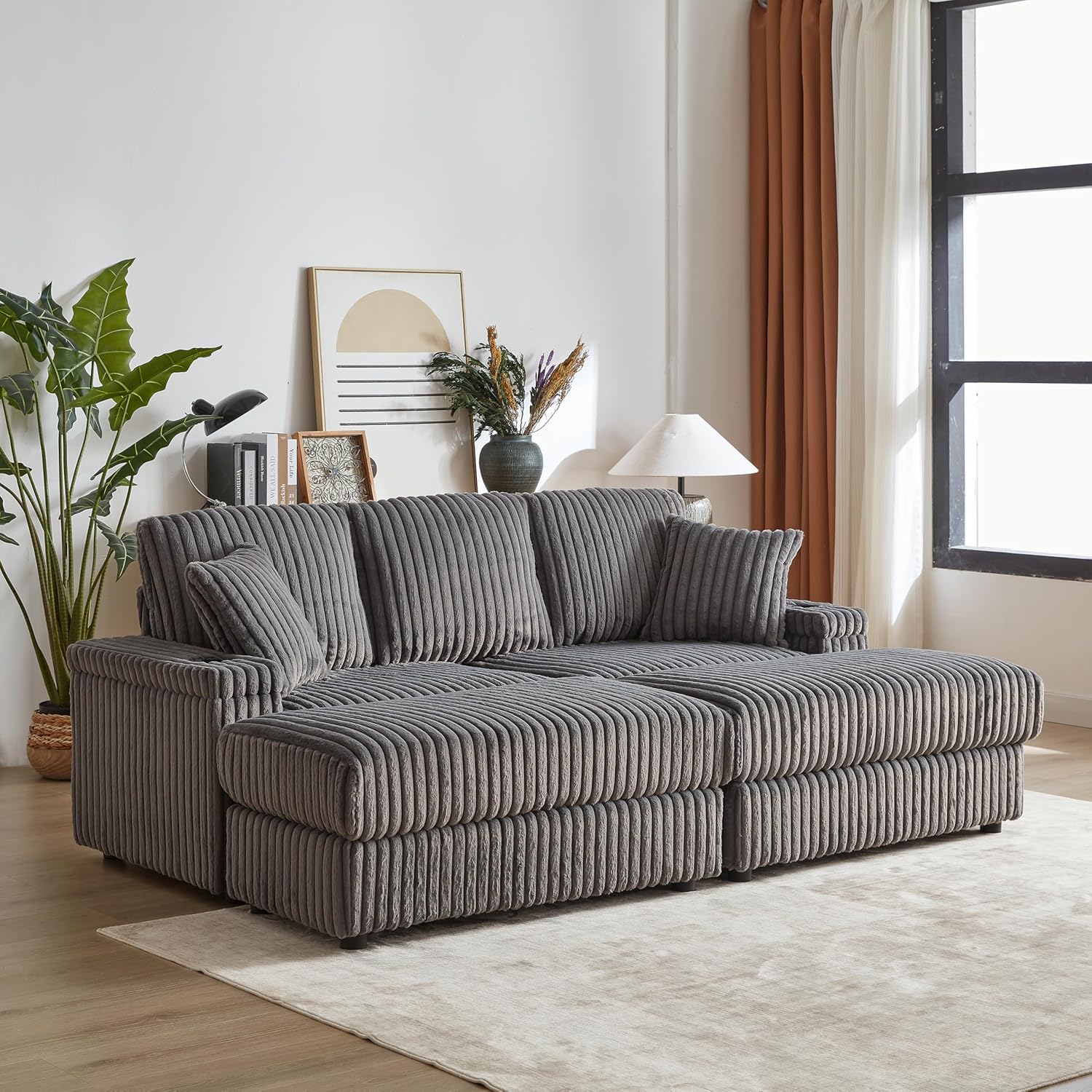 Corduroy Upholstered Modular Sectional Sofa Cloud Couch with Movable Ottoman, 84" Oversized Loveseat Convertible Sleeper Sofabed with 3 Cushion Backrest and Throw Pillows