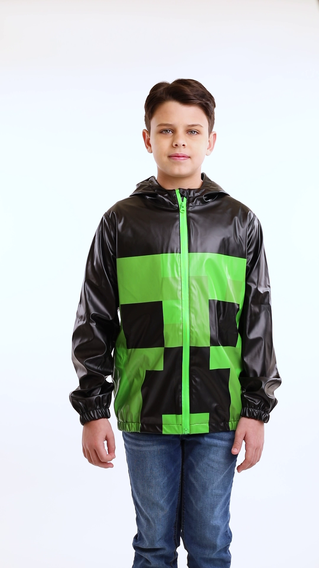 Veste De Pluie Minecraft Garçons - Imperméable 100% Avec Capuche - Taille 7-8 Ans Vert/Noir