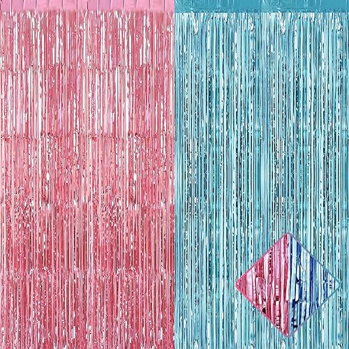 Paquete de 4 cortinas de flecos de papel de aluminio rosa y azul de 3.2 pies x 6.6 pies, cortinas de oropel metálico para cabina de fotos, telón de