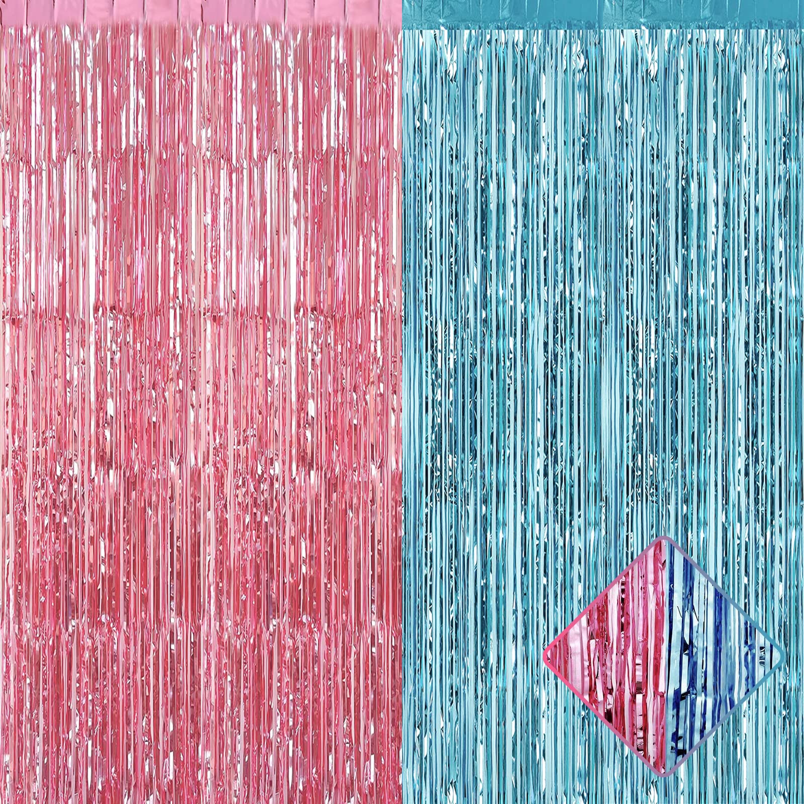 4 Pack 3.2Ft x 9.8Ft Pink Blue Foil Fringe Curtain Backdrop, Metallic Tinsel Foil Fringe Streamers Curtains for Photo Booth, Wedding, Gender Reveal