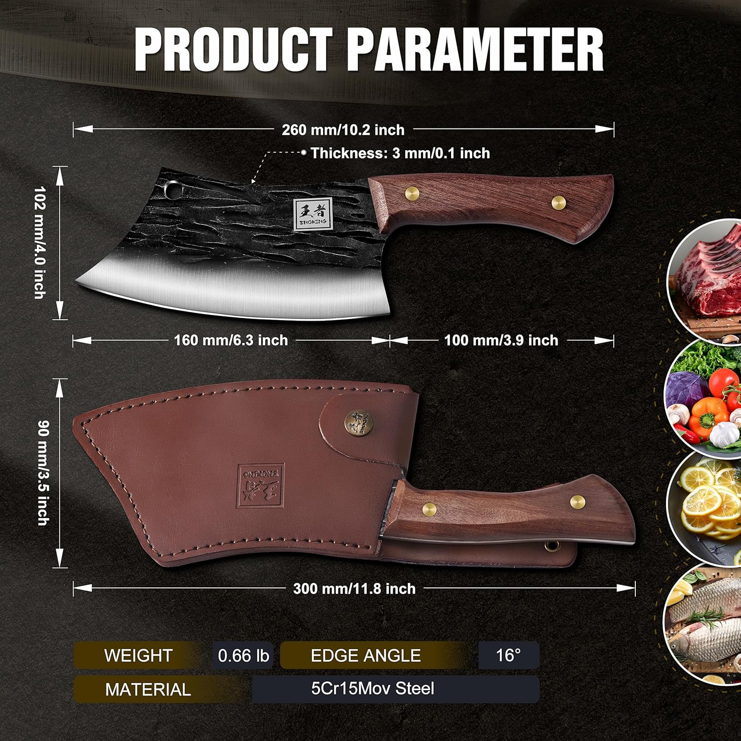 ENOKING 6.3 Inch Chef Butcher Knife, Hand Forged Meat Cleaver with Hammer Texture, Full Tang Kitchen Knife with Leather Sheath for Home Cooking, BBQ & Camping with Gift Box - Image 3