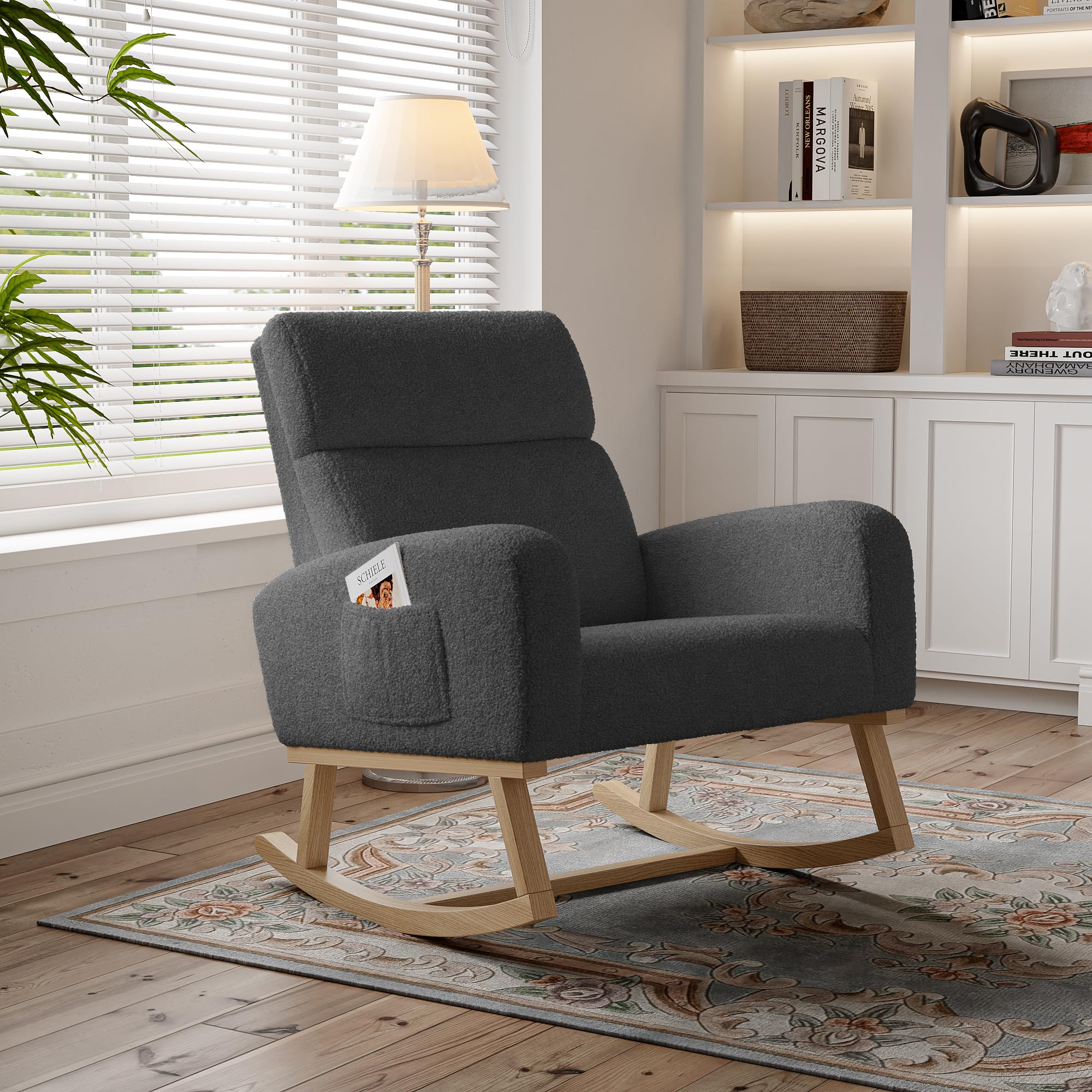 Sedia a Dondolo, Sedia a Dondolo da Interno, Poltrona a Dondolo con Due Tasche Laterali, Poltrona a Dondolo Allattamento con Gambe in Legno Massello, Lino, Grigio scuro