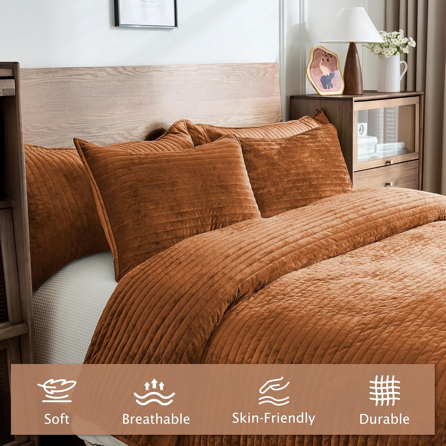 Luxury Velvet Quilt Set Queen Size 3 Pieces,Soft Cozy Oversized Striped Velvet Comforter Set with 2 Pillow Shams,Lightweight Coverlet Bedspread Bedding Set for All Seasons(Burnt Orange,90"x96") - Image 5